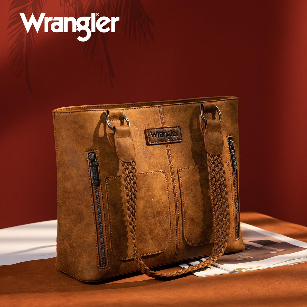 Wrangler Tote Bag for Women Multi Pockets shoulder bag western purse Medium leather like Handbags with Woven Top-Handle WG78-G8317BR