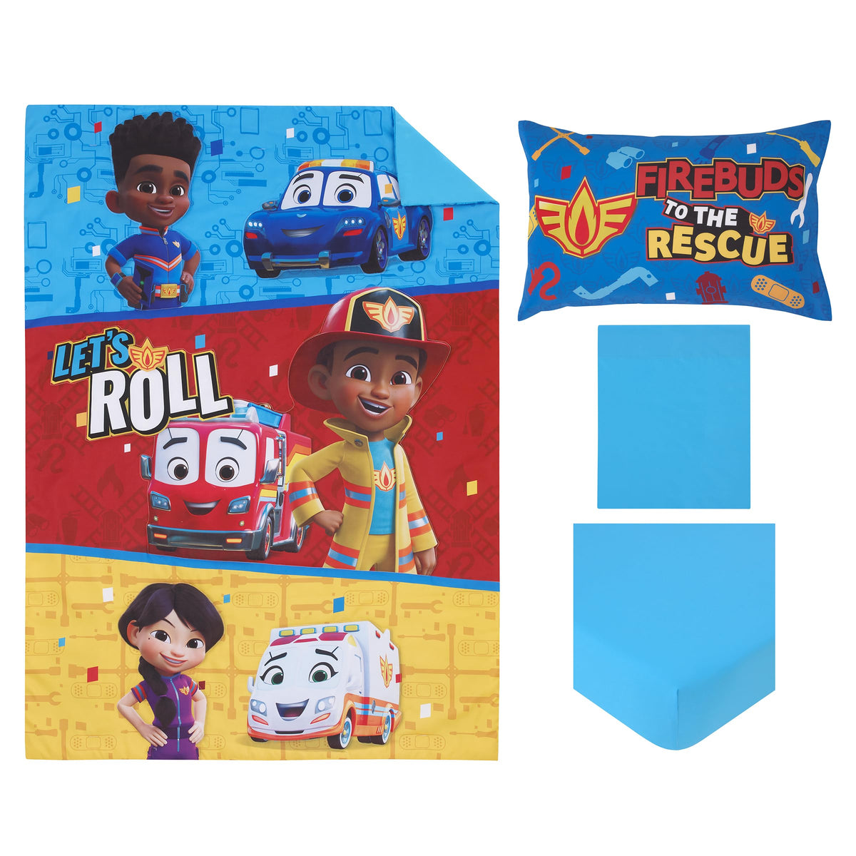 Disney Firebuds Let's Roll Red, Blue, and Yellow First Responders 4 Piece Toddler Bed Set - Comforter, Fitted Bottom Sheet, Flat Top Sheet, and Reversible Pillowcase