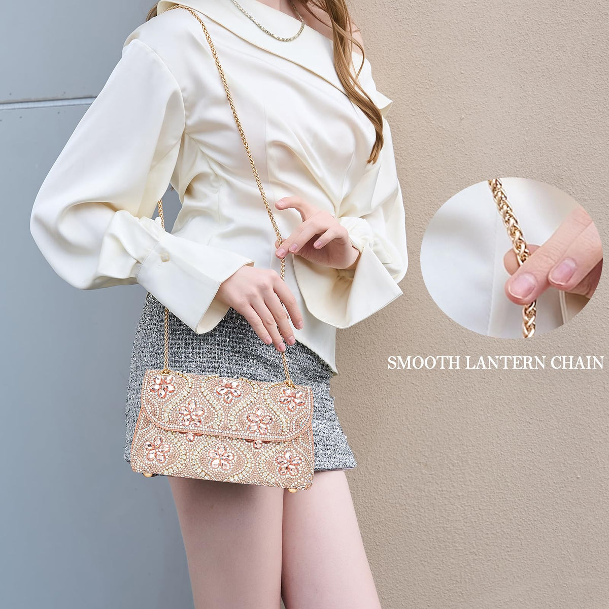 BBTT.ful Flower Evening Handbags Chain Strap Square Shoulder Bag Crossbody Bag Crystals Rhinestone Clutch Purse (pink champagne)