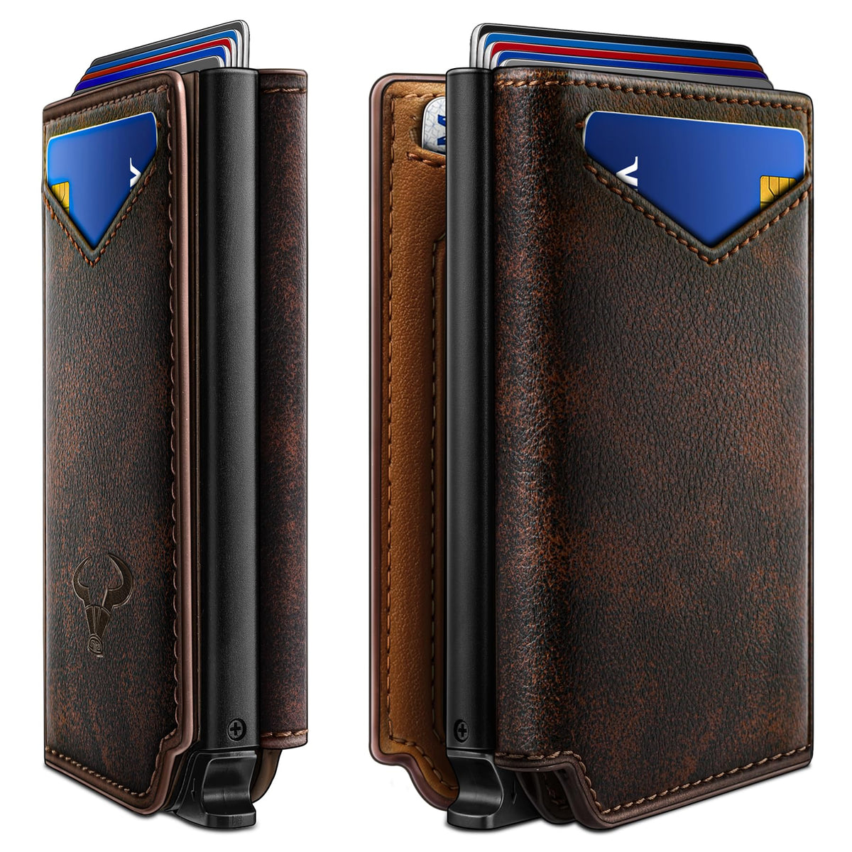 BULLIANT Men Wallet Leather Wallet Card Holders Money Clip for Men 10Cards-Magnetic Flip on Metal Case