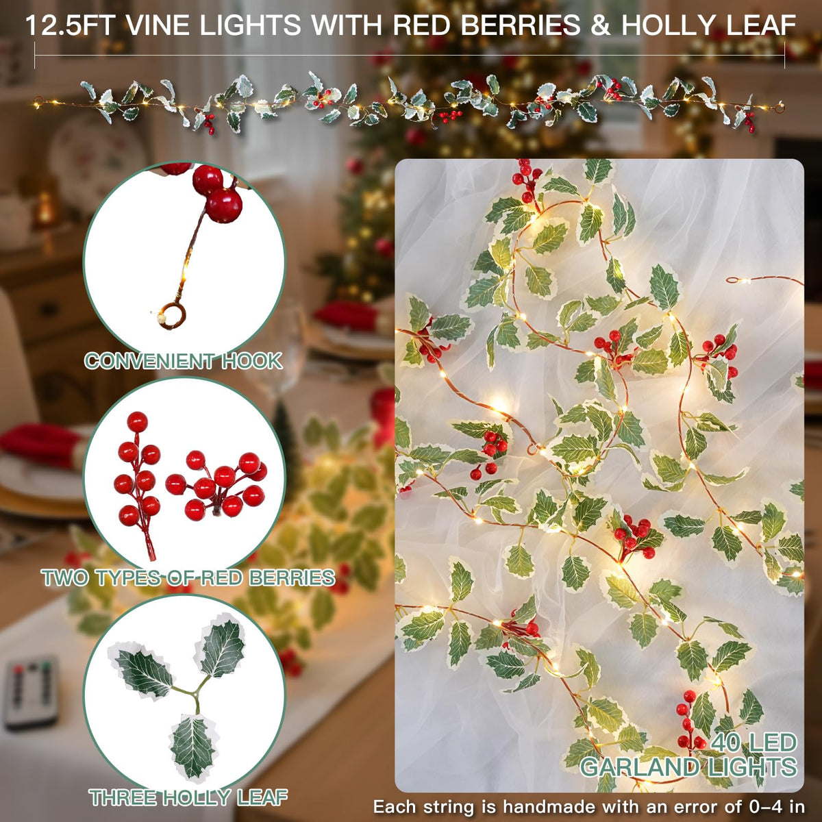 suddus 40 LED Battery Powered Christmas Fairy Lights, 12.5ft Vine String with Red Berries & Holly Leaf, Ideal for Xmas Decor