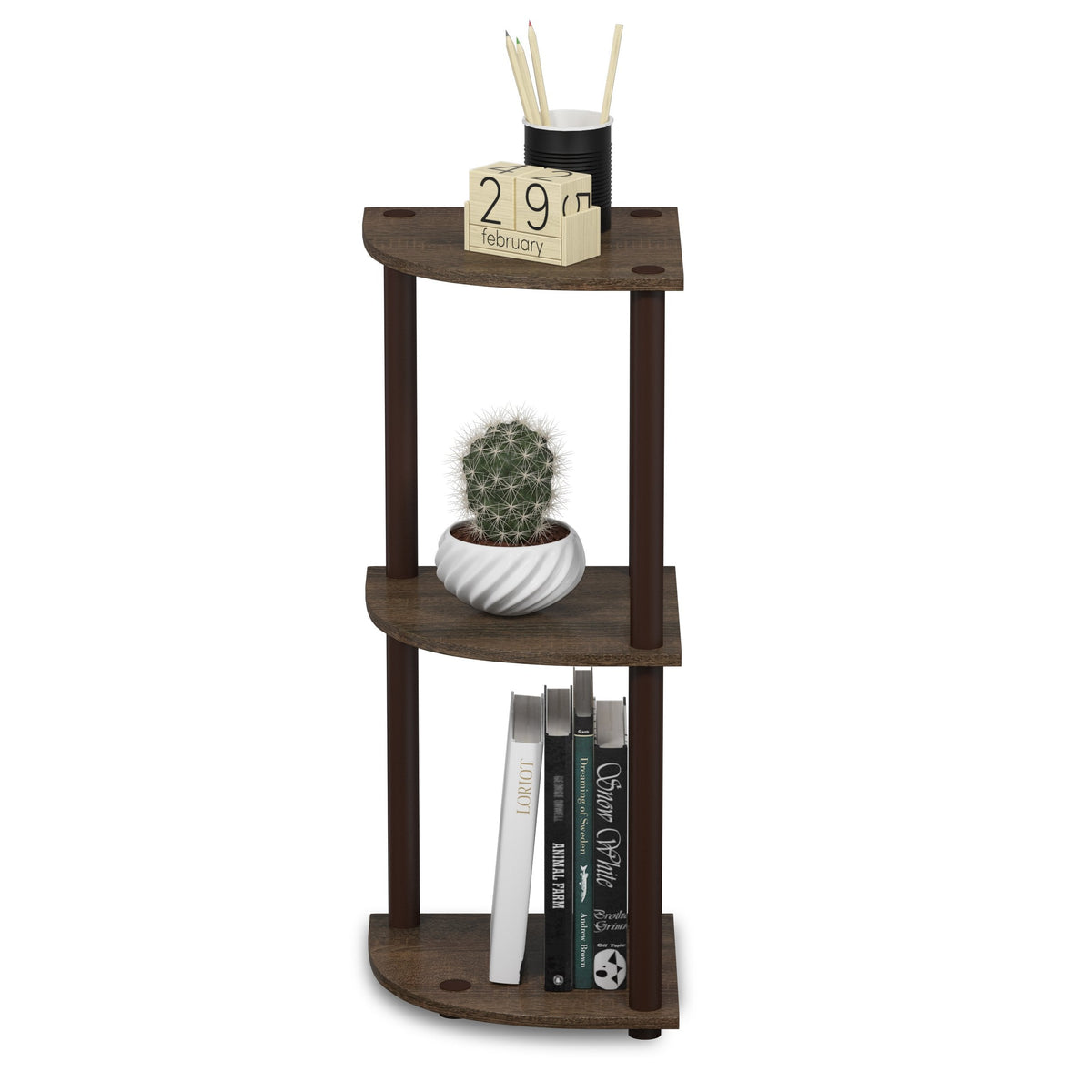 Furinno TURN-N-TUBE Corner Shelf, 3-Tier Corner Bookshelf, Display Storage Shelves with Open Shelves, for Organization and Storage, Living Room, Home Office, Garage, Walnut