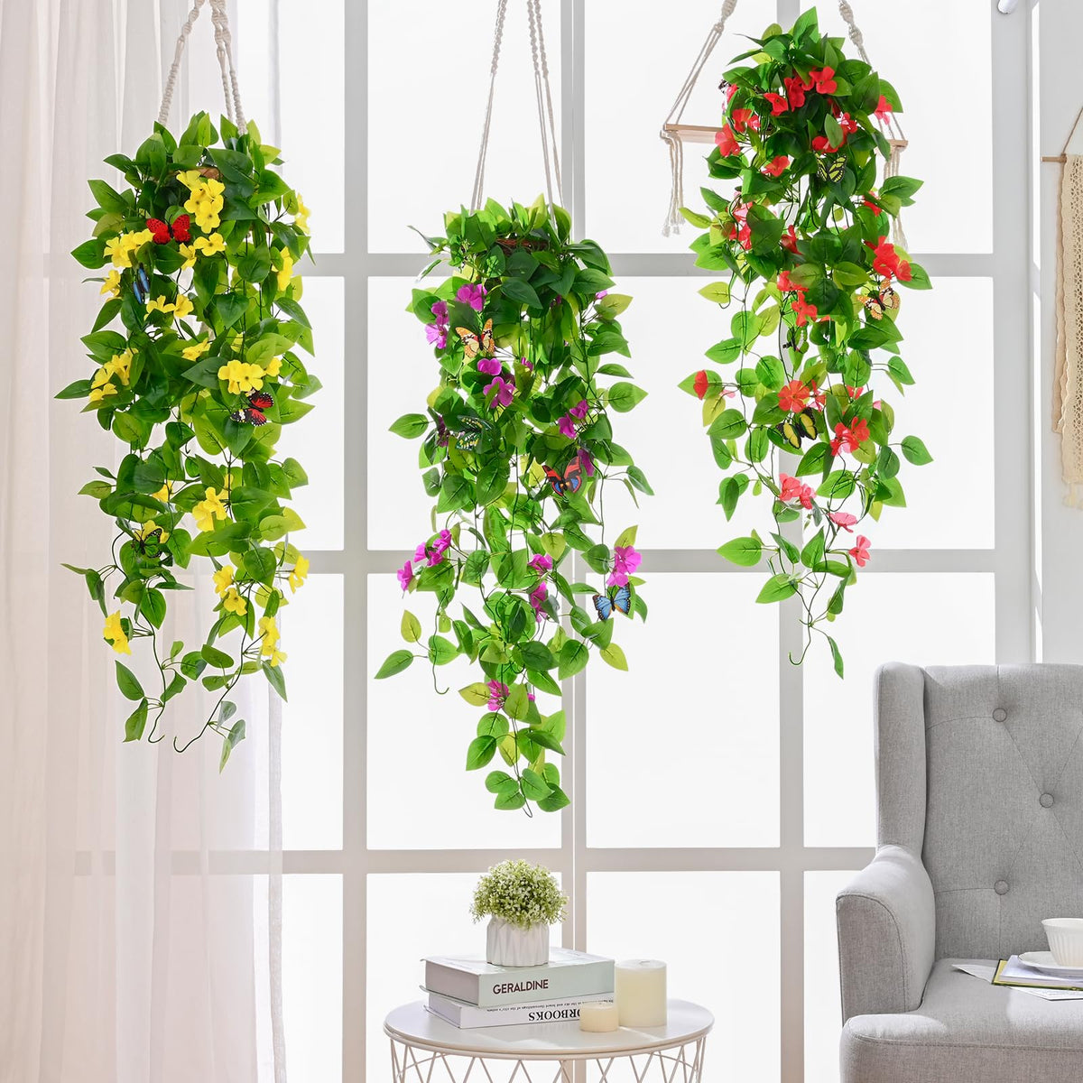 BLEUM CADE Artificial Hanging Flowers for Outdoors, 2pcs Fake Hanging Plants Pothos Vines with Red Flowers for Wall Home Living Room Indoor Outdoor Decor (No Baskets)