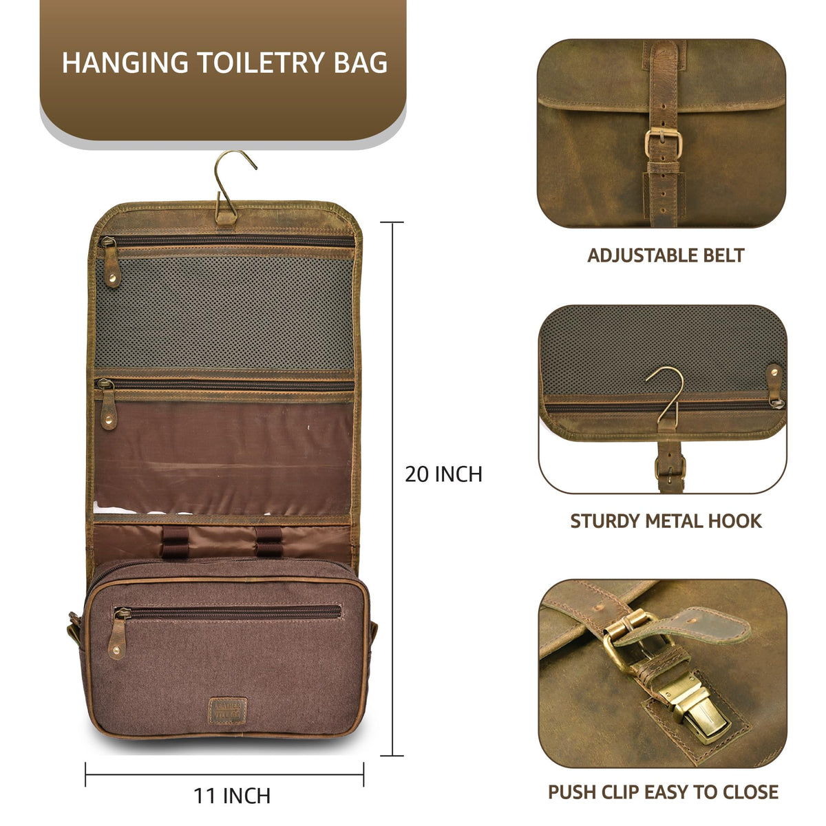 LEATHER VILLAGE Hanging Genuine Leather Toiletry Bag for Men – Handcrafted Vintage Travel Dopp Kit with Waterproof Lining, Shaving Organizer and Shower Bathroom Essentials Case - Mud