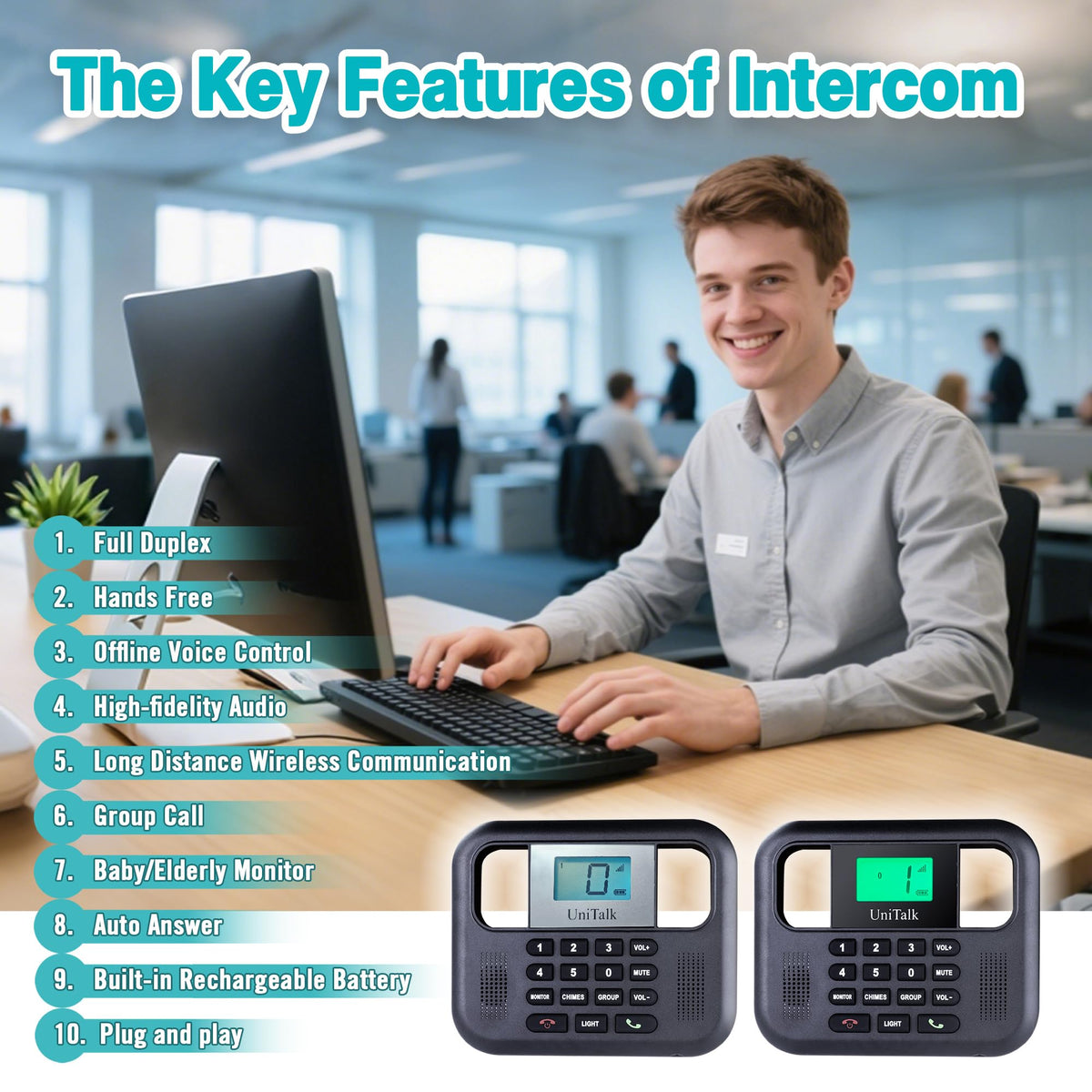 UniTalk Wireless Intercoms for Home & Office, Two-Way Real-time Full-Duplex Voice System with Offline Voice Control & Monitor Function, Clear Sound, Up to 800 Meters (1/2 Mile) Range (UT-001-1F2P)