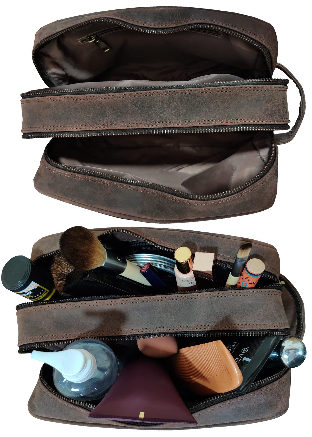 RUSTIC TOWN Full Grain Leather Travel Toiletry Bag - Cosmetic Ditty Kit Organizer (Dark Brown)