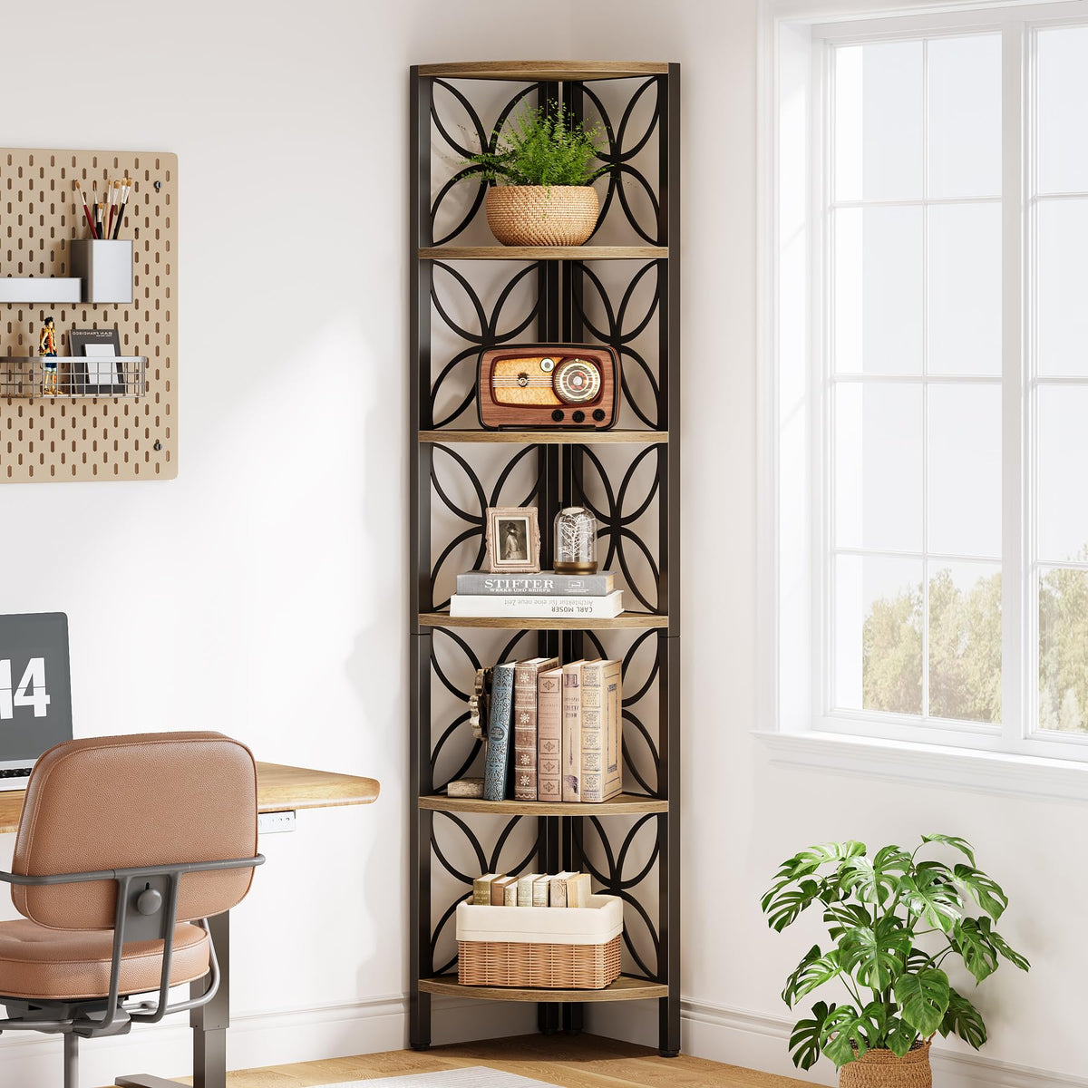 Tribesigns 6-Tier Corner Shelf, 70.9" Rustic Corner Bookshelf Display Shelf for Living Room, Wooden Shelving Unit Plant Stand Storage Rack for Bedroom, Bathroom, Small Space, Rustic Brown