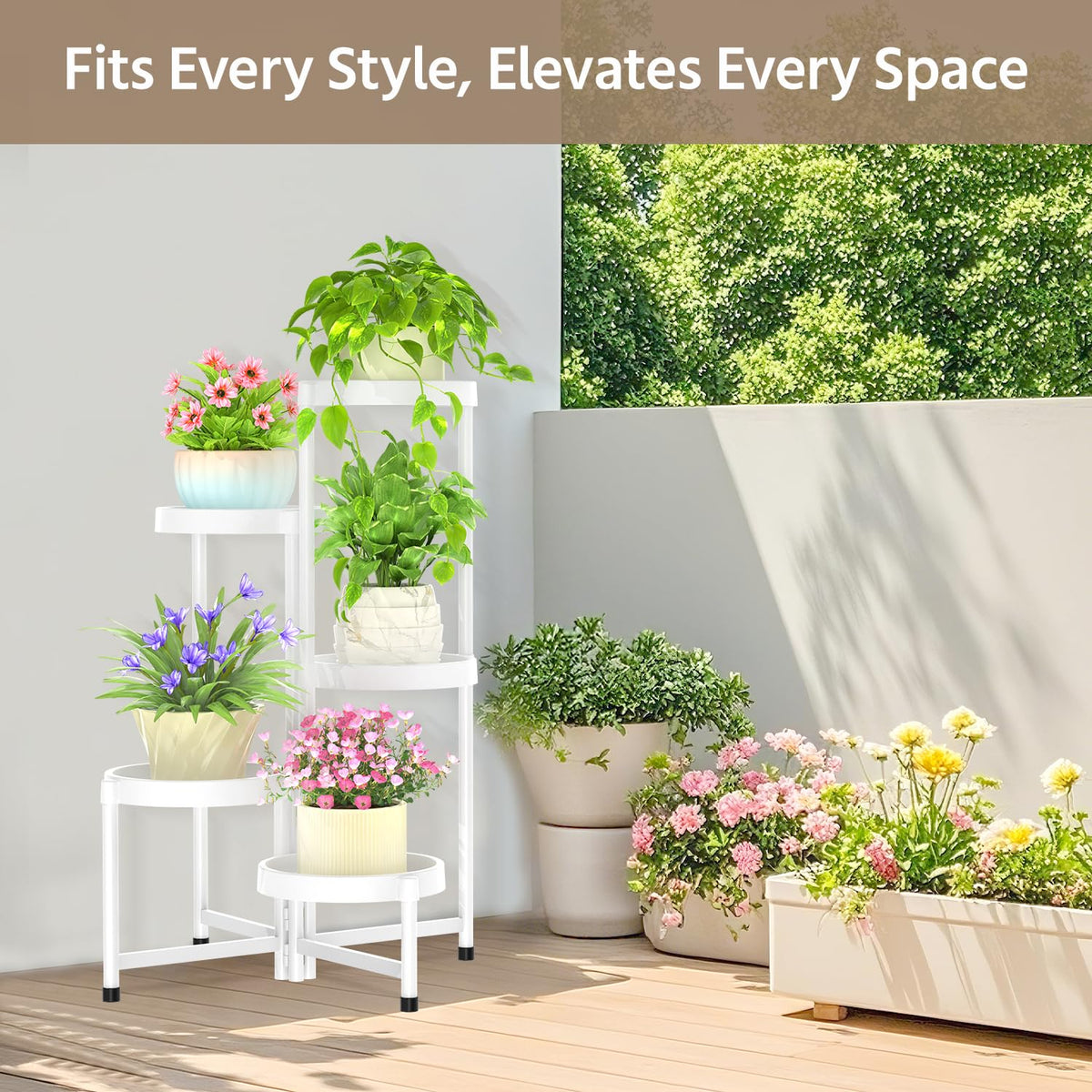 LASZOLA 5 Tiered Plant Stand Indoor Outdoor with Plastic Tray, Corner Folding Tall Flower Display Rack, Modern Plant Holder Shelf for Outdoor Patio Porch Garden Office Living Room, White