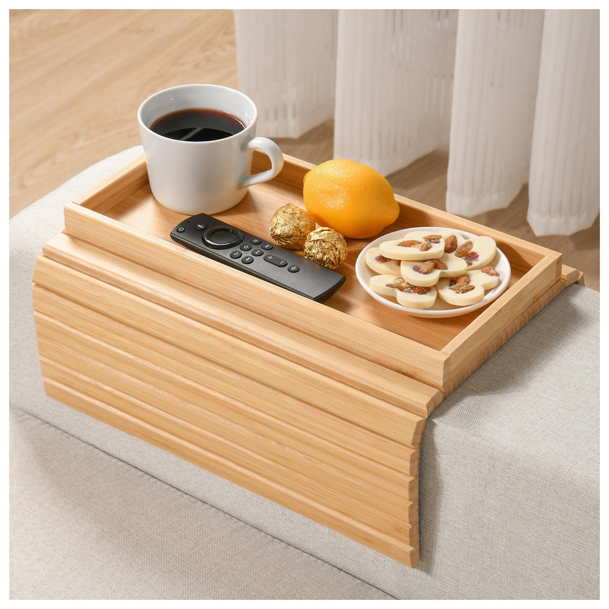 YUBAMIN Bamboo Sofa Arm Tray, Anti-Dropping Couch Arm Tray, Foldable Sofa Armrest Tray Couch Arm Table for Eats, Drinks, Snacks, Remote, Cellphone, Cup Holder, Back Anti-Slip Pad Design