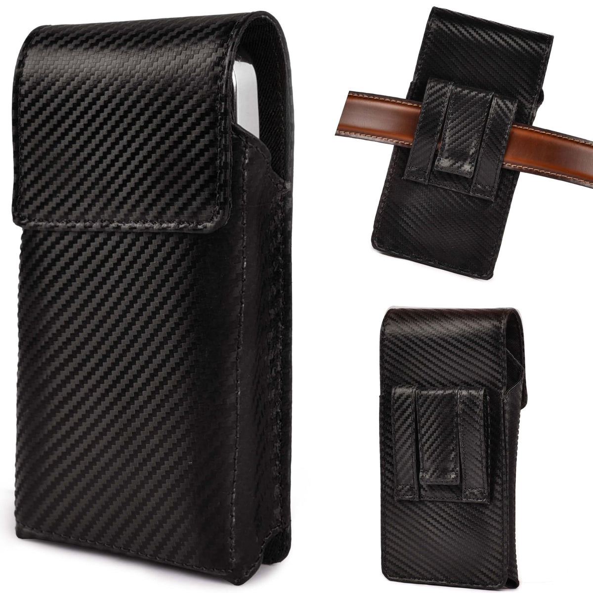 LEATHER VILLAGE Carbon Genuine Leather Phone Holster with Belt Clip - Compatible with iPhone 16 Pro Max 15 Pro Max 14 Pro Max 13 Pro Max 12 Pro Max 16 Plus 15 Plus 14 Plus Galaxy s23/24Plus - Black- L