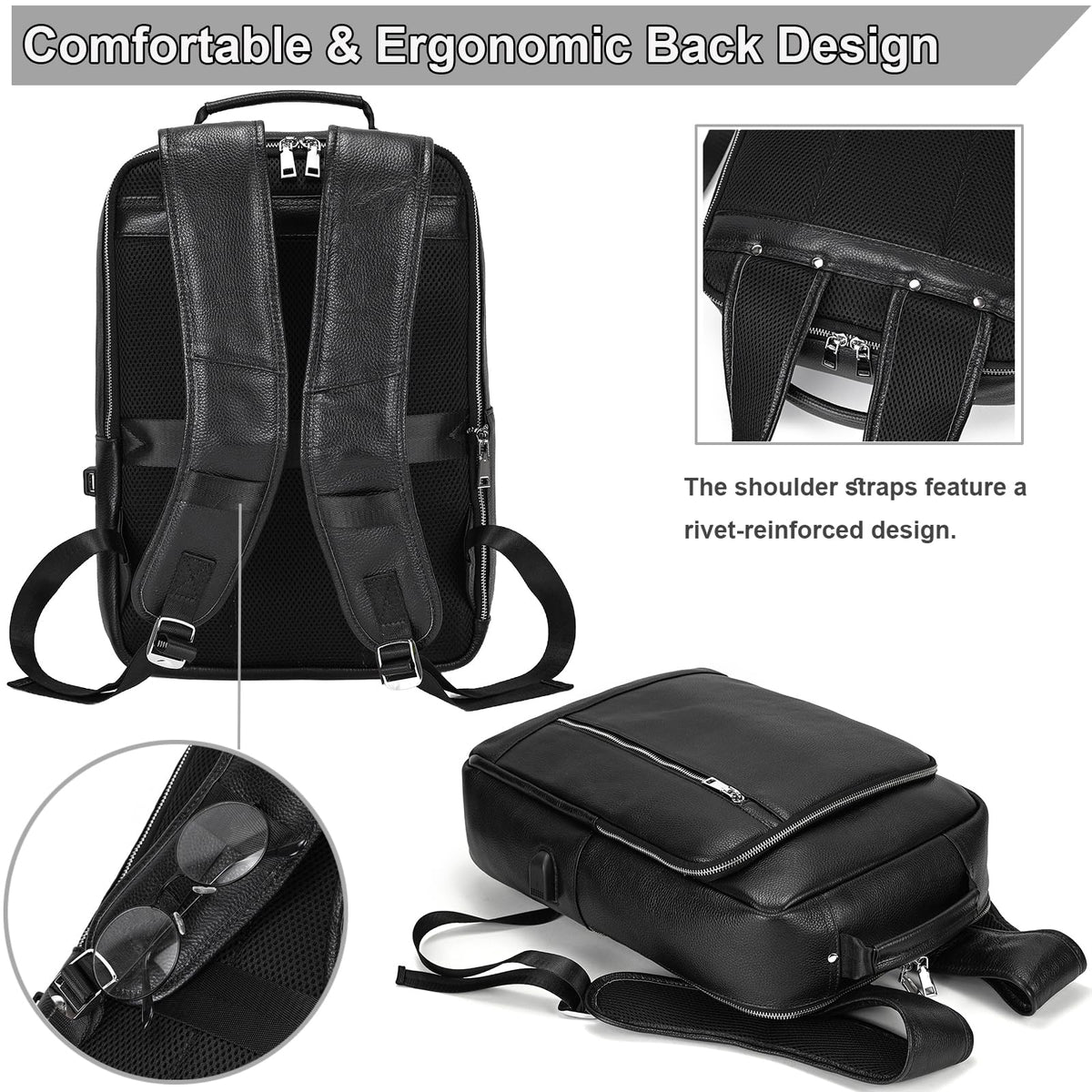 Yevabo Genuine Leather 15.6 Inch Laptop Backpack for Men, Multi Pocket Slim Daypack Shoulder Bag with Trolley Sleeve for Business Travel (Black)