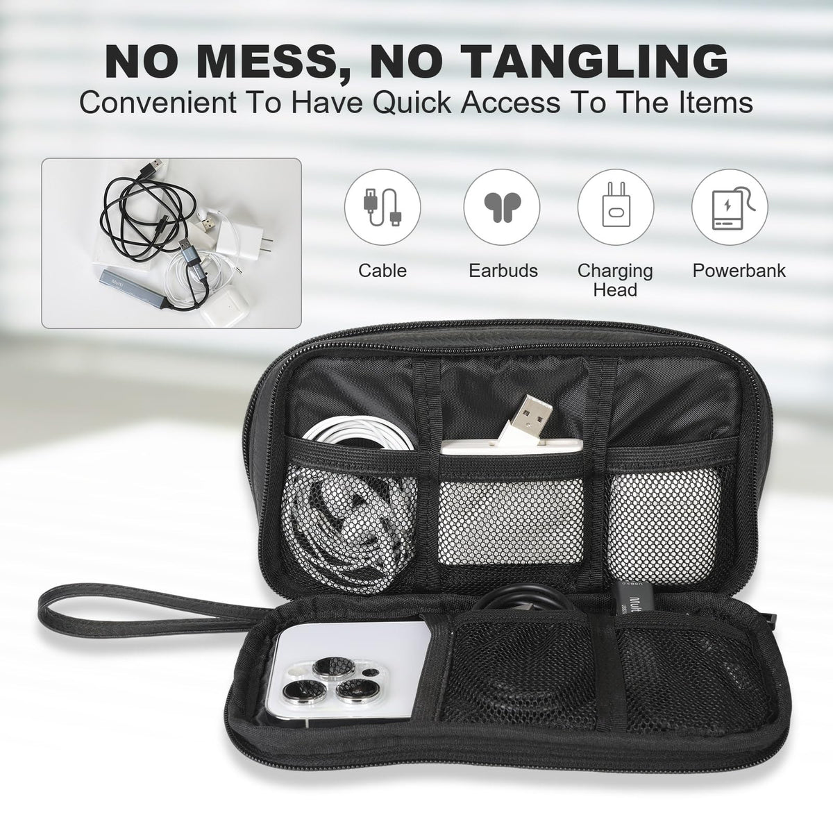Ezday Travel Cable Organizer Bag, Electronic Accessories Carry Pouch, Portable Waterproof Double Layers All-in-One Storage Bag for Cord, Charger, Phone, Earphone (Black, Small)
