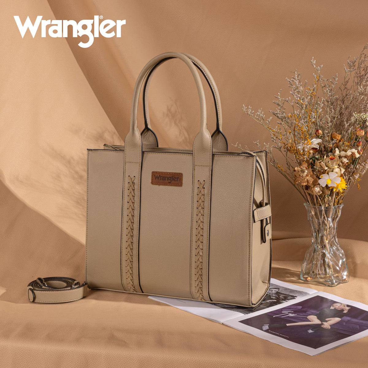 × Wrangler Large Tote Bag Purses for Women Shoulder Purse Handbag with Pocket Khaki Crossbody Bag with Strap WG70-8317-KH