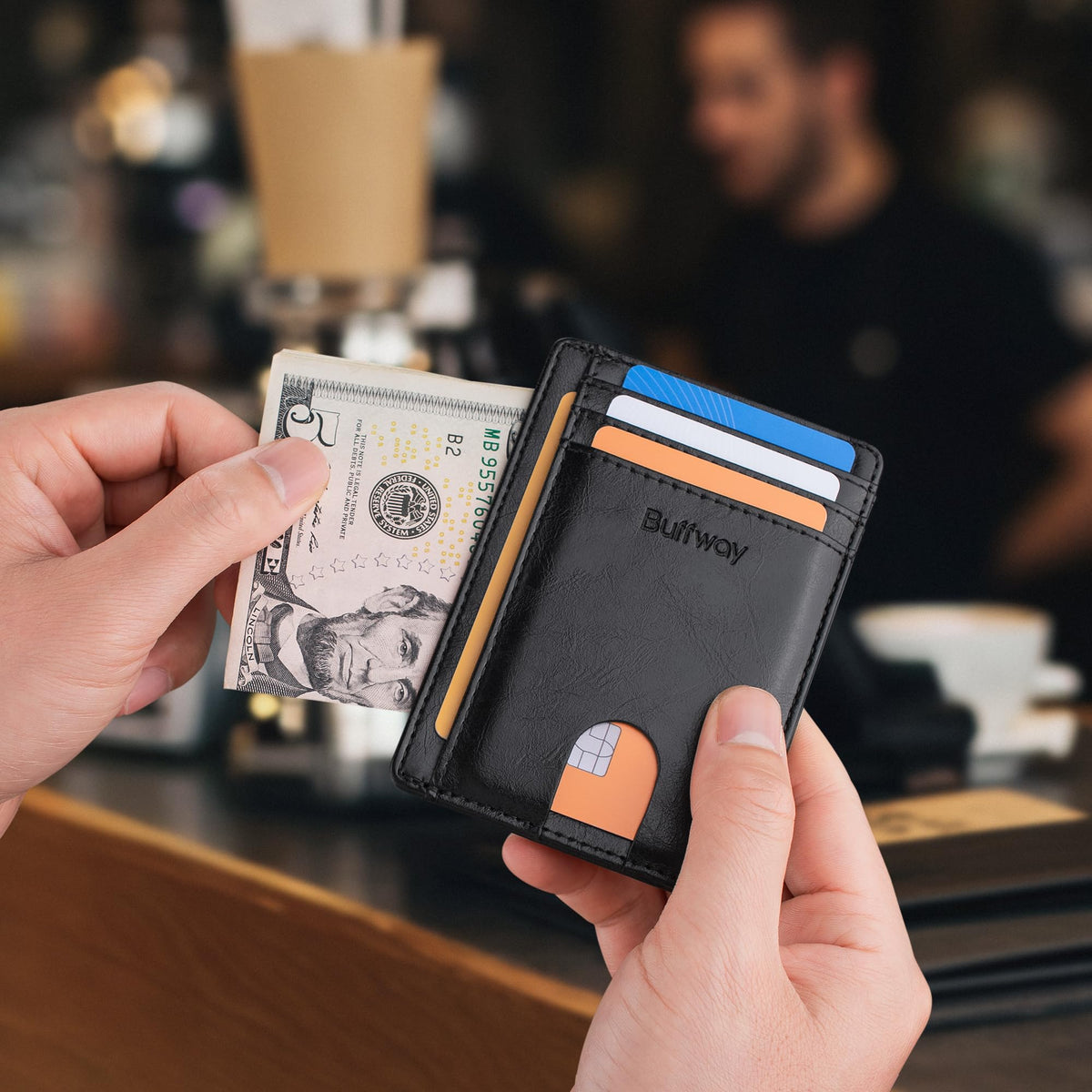 Buffway Slim Minimalist Front Pocket RFID Blocking Leather Wallets for Men and Women - Alaska Black