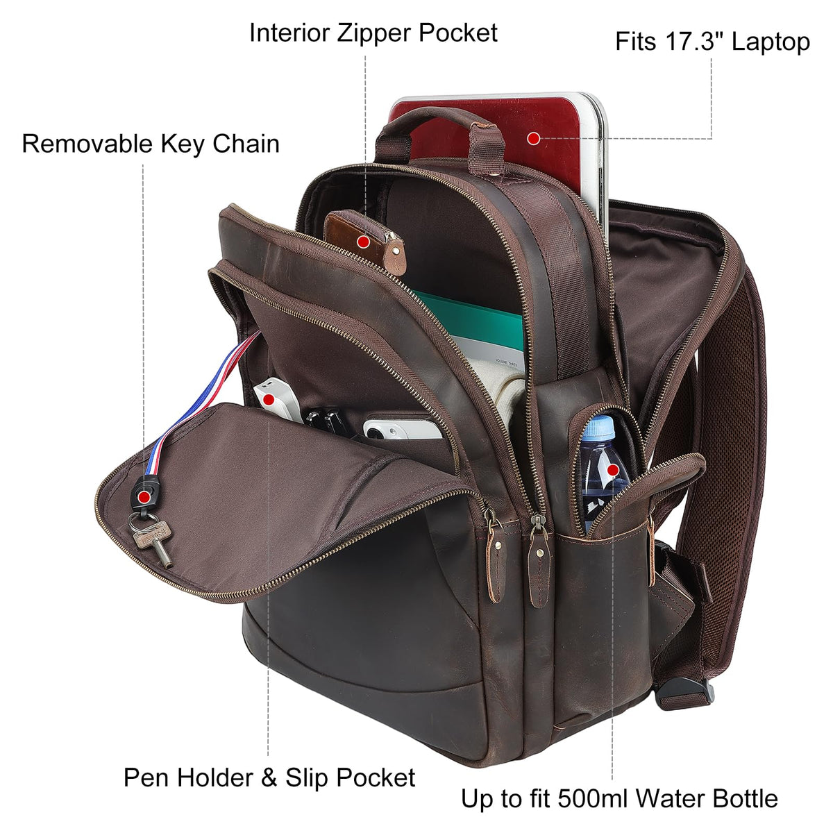 TIDING Full Grain Leather 17.3 Inch Laptop Backpack for Men Large Capacity Travel Weekender Camping Daypack Rucksack