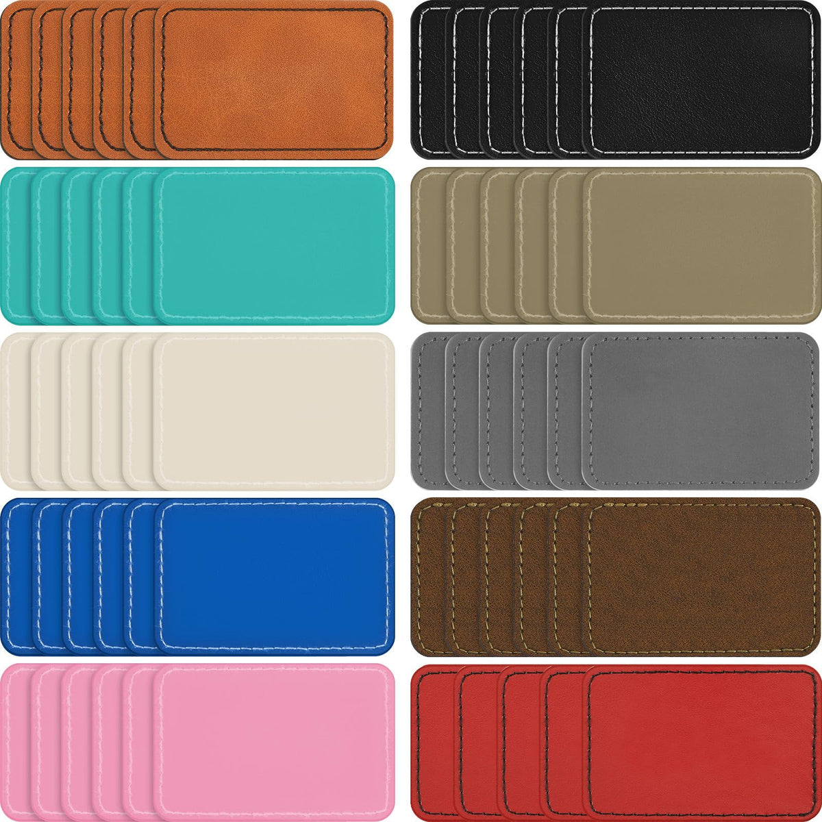 Dunzy 60 Pcs Leather Hat Patches Blank Leatherette Hat Patch with Adhesive Rectangle Laserable Leatherette Patch for Hats Custom Fabric Sew Laser Engraving DIY(Bright Colors,3.5 x 2.5 Inch)