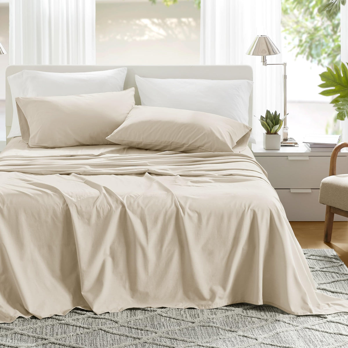 Comfort Spaces 100% Cotton Sheets Full, Breathable & Ultra Soft Cotton Sheets, Naturally Cool Cotton Bed Sheets with 14" Elastic Pocket Fits up to 16" Mattress, All Seasons Sheet Set, Cream 4 Piece