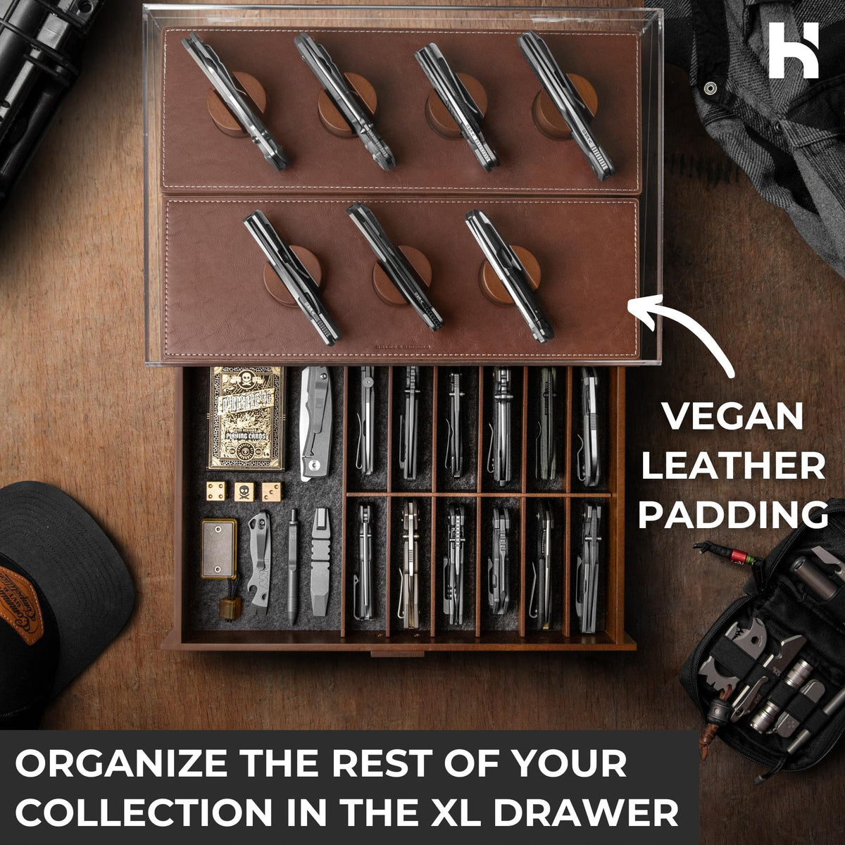 Premium Pocket Knife Display Case for 30 Knives - Large Wooden Knife Organizer, Storage & Holder with Unique Pillars, Hinged Cover, Drawer - Knife Collection Box - Handcrafted Father's Day Present