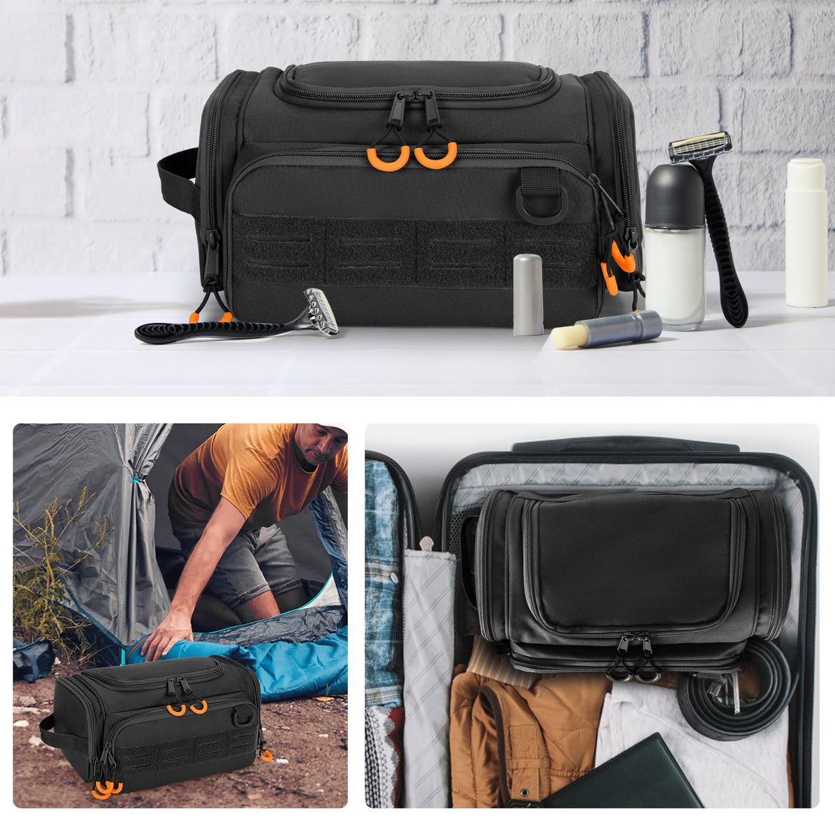 Prokva Tactical Toiletry Bag for Men, Hanging Hygiene Bag, Travel Dopp Kit Organizer for Shaving, Shower Essentials and Toiletries, Black (Empty Bag)