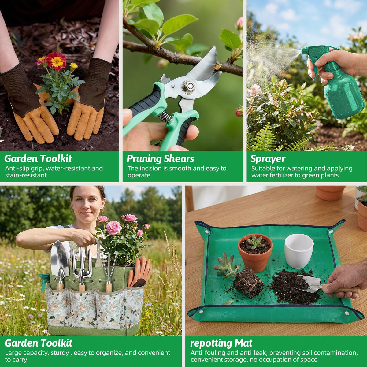 NOEAIKE Gardening Tools 10 Pack Heavy Duty Rust-Proof Garden Tool Set with Organizer Tote Bag,Sturdy Repotting Mat,Gardening Gifts for Women Mom(Green)