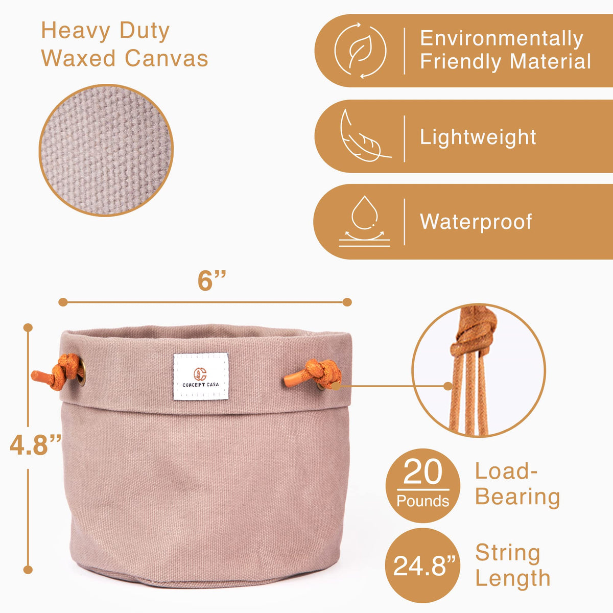 Concept Casa - Large Waxed Canvas Handmade Hanging Planter for Indoor/Outdoor Plants, Hanging Basket Plant Holder Stone Gray with Hook