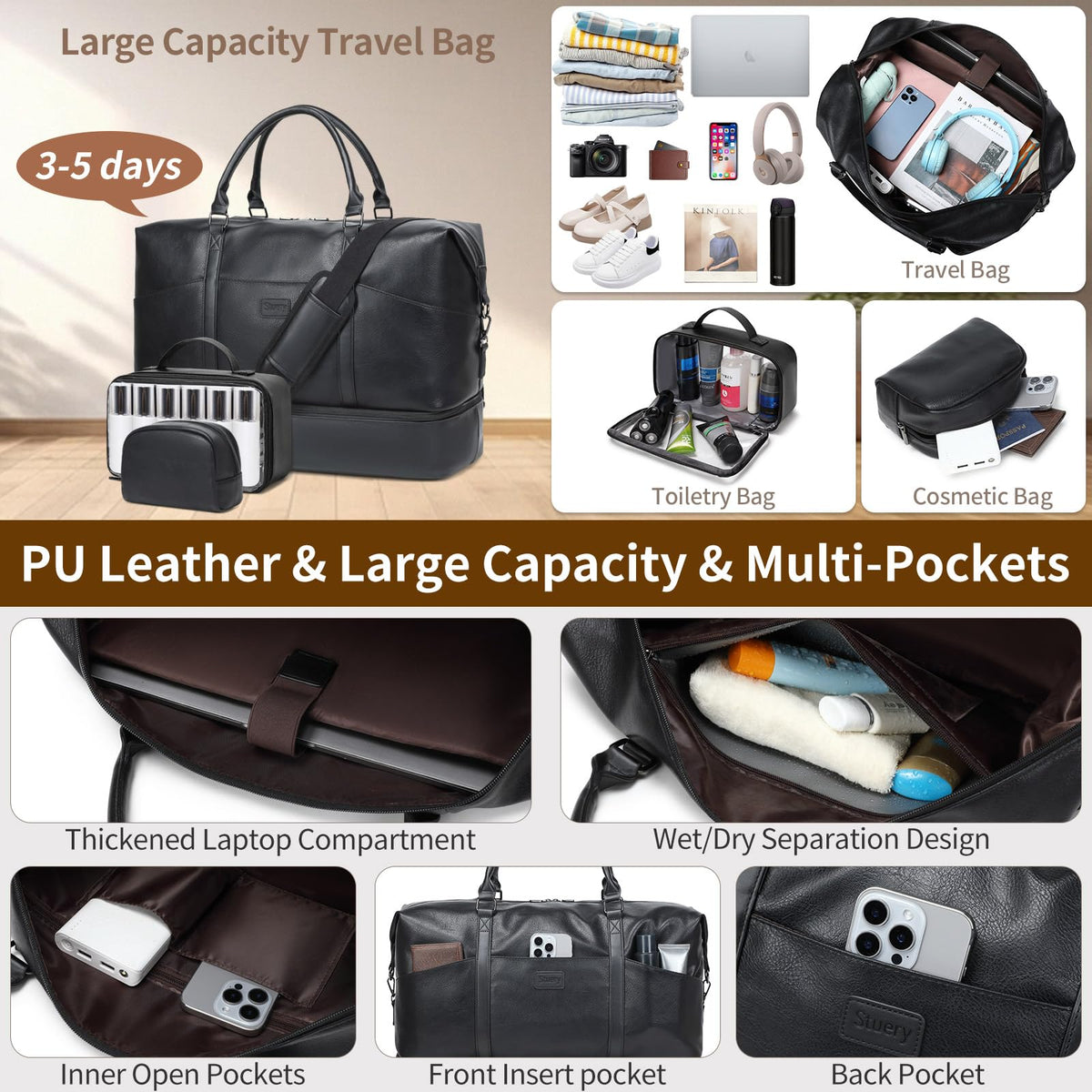 Faux Leather Weekender Bags for Women: Large Overnight Bags Travel Duffel Bag Carry On Shoulder Weekend Tote with Shoe & Laptop Compartment & Toiletry Bags for Airplane Traveling Gym