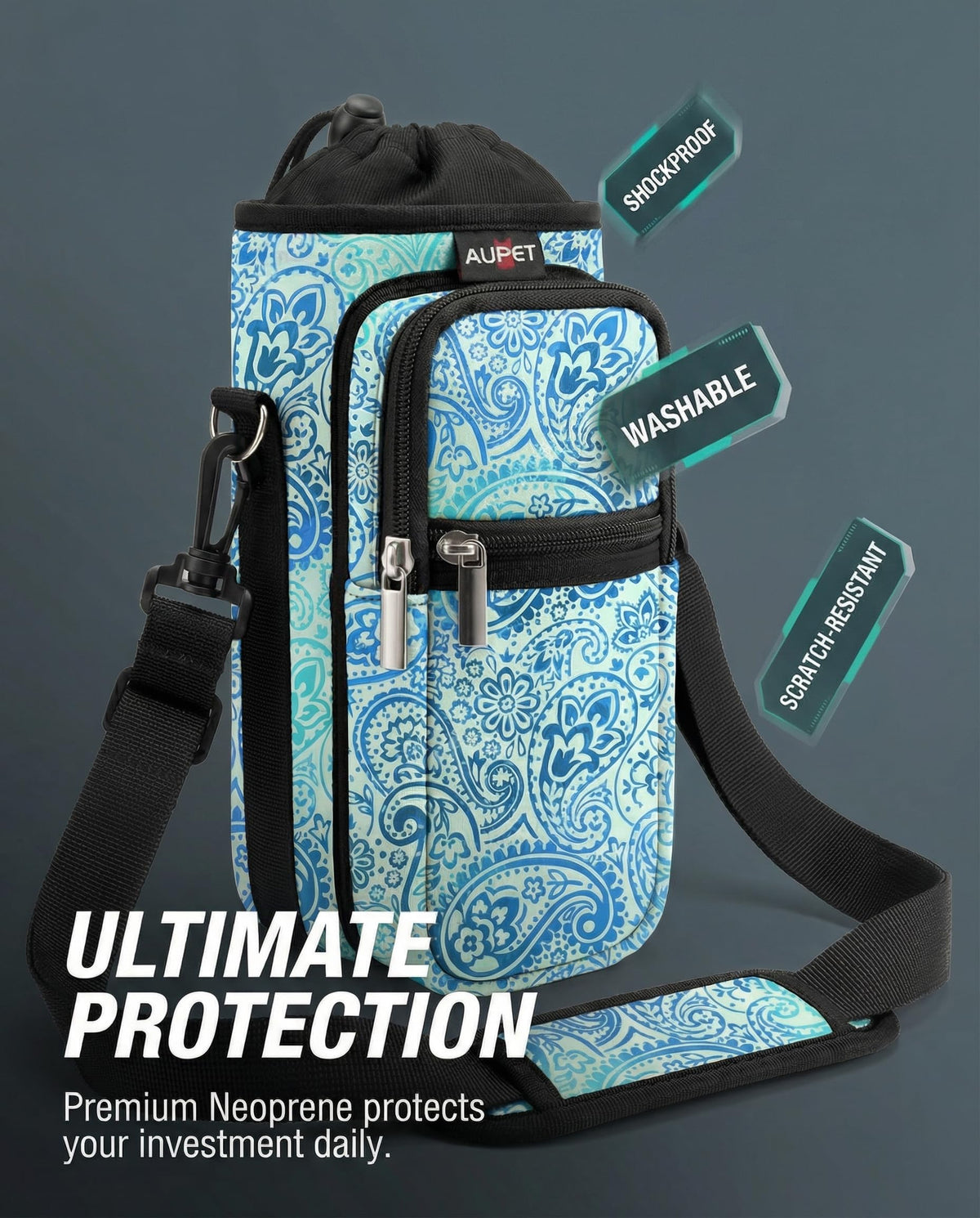 AUPET Water Bottle Sling Bag Sleeve Holder Carrier 25/32/40/64 oz,Insulated Crossbody Water Bottle Case Cover with Strap and Pockets for Men/Women Walking Hiking Camping (25oz, blue feather)