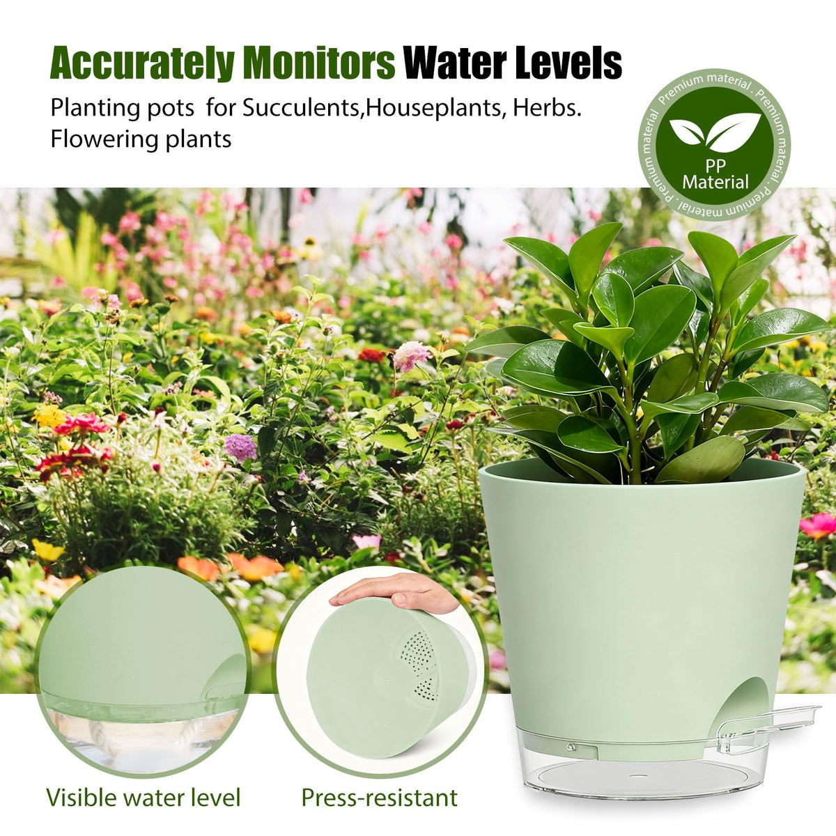 SQKH Plant Pots 6 Inch Self Watering Pots,6 Pack Plastic Planters with Drainage Holes and Clear Saucers,Plastic Flower Pots,Nursery Planting Pot for Indoor Out Door Plants (Green)