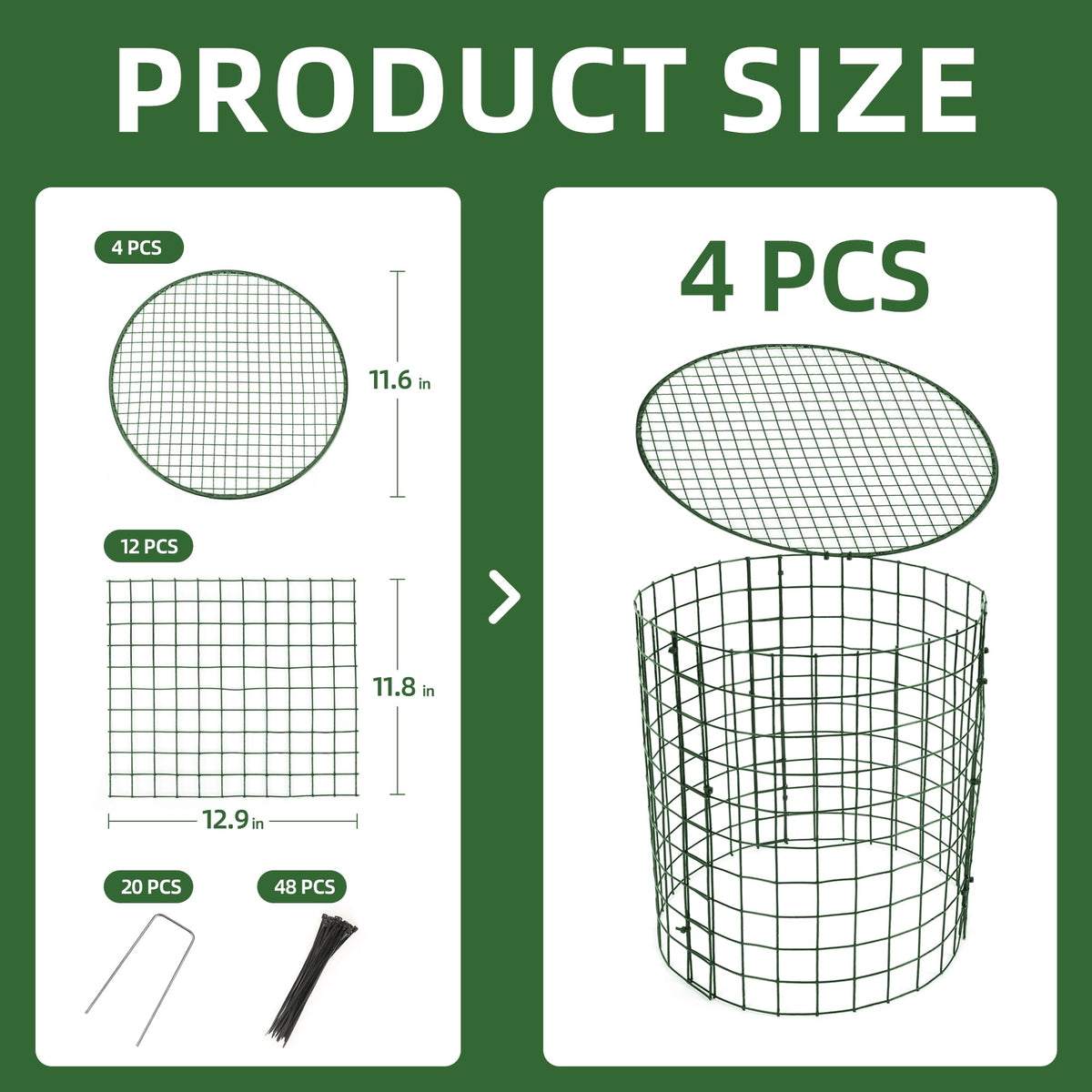 4 Sets of DIY Metal Plant Protectors from Deer, Garden Fencing Animal Barrier Size 11.8 * 12.9 inches, Mesh Plant Cage Chicken Wire Cloche for Plants with Stakes and Nylon Cables