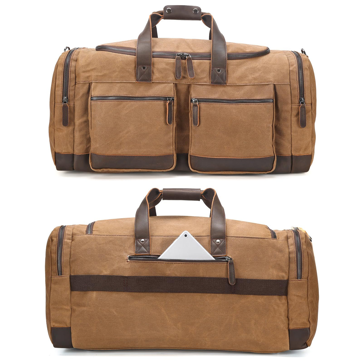 Polare 26” Waxed Canvas Cowhide Leather Waterproof Travel Duffel Bag Trim Luggage Weekender Overnight Carry on Hand Bag (Brown-26")