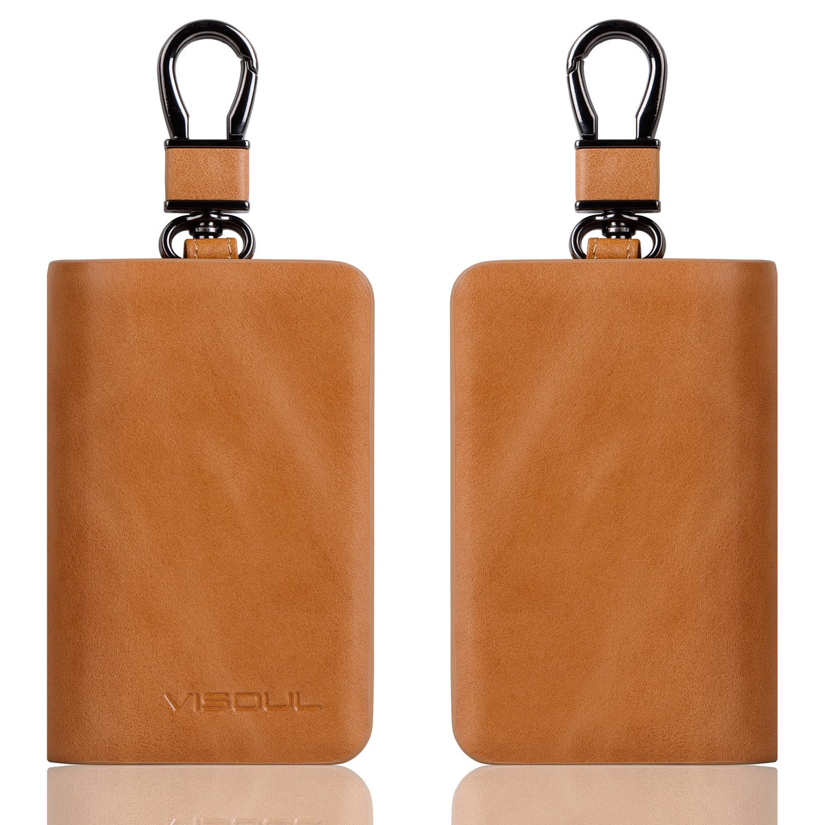 VISOUL Car Key Case Holder Double Zipper, Leather Car Smart Key Fob Case with Keychain for Men and Women-Tan