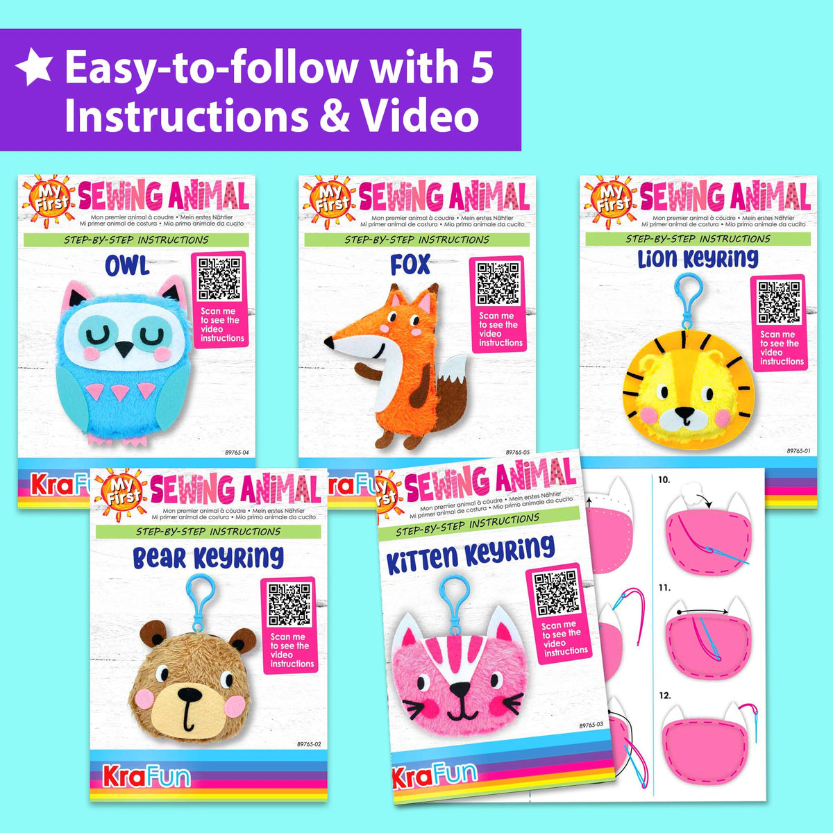 KRAFUN My First Sewing Animal for Kids, Beginner Art & Craft, 5 Easy Activities Stuffed Animal Dolls, Keyring Charms, Instructions & Felt Materials for Learn to Sew, Embroidery