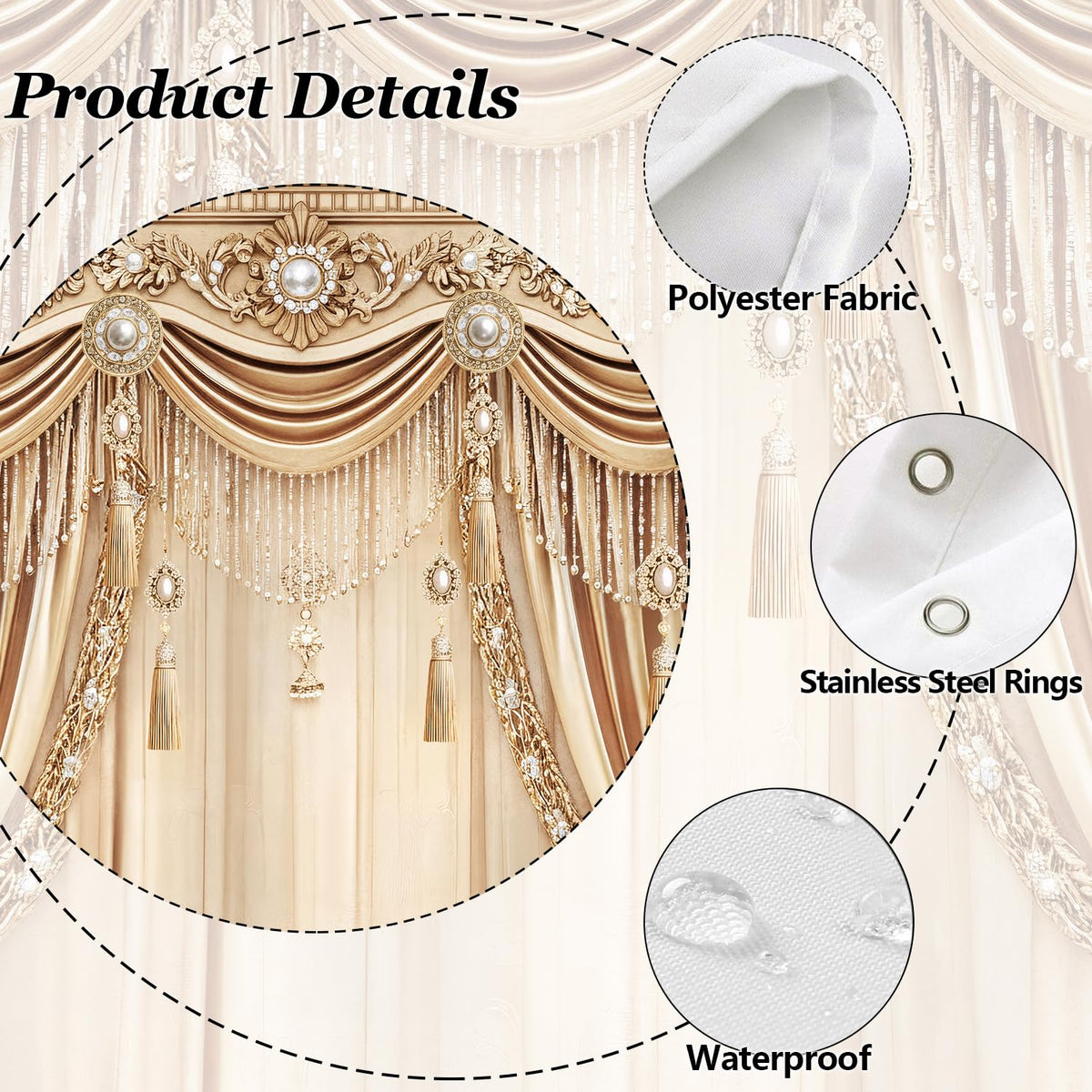 Brystan Gold Luxury Shower Curtain, Elegant Funky Champagne Modern European Style Shower Curtains Set, Vintage Ornate Aesthetic Shower Curtains for Bathroom Polyester Fabric with Hooks 72X72IN