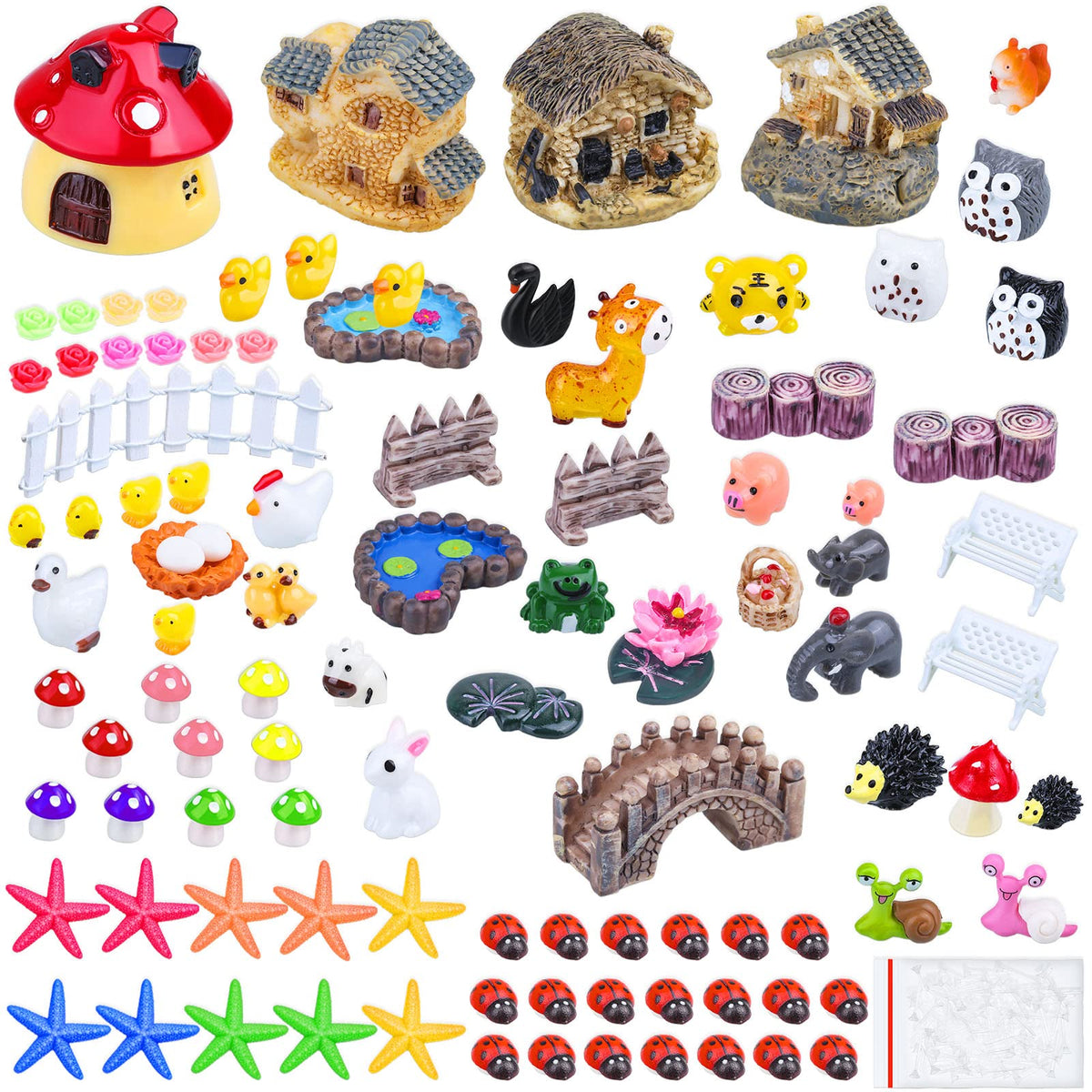 Modacraft 200Pcs Miniature Fairy Garden Accessories Including 100Pcs Fixed Pins, Fairy Garden Kit Fairy House Animal Figurines Mini Landscape for Garden Dollhouse Potted Plant Bonsai Terrarium Décor