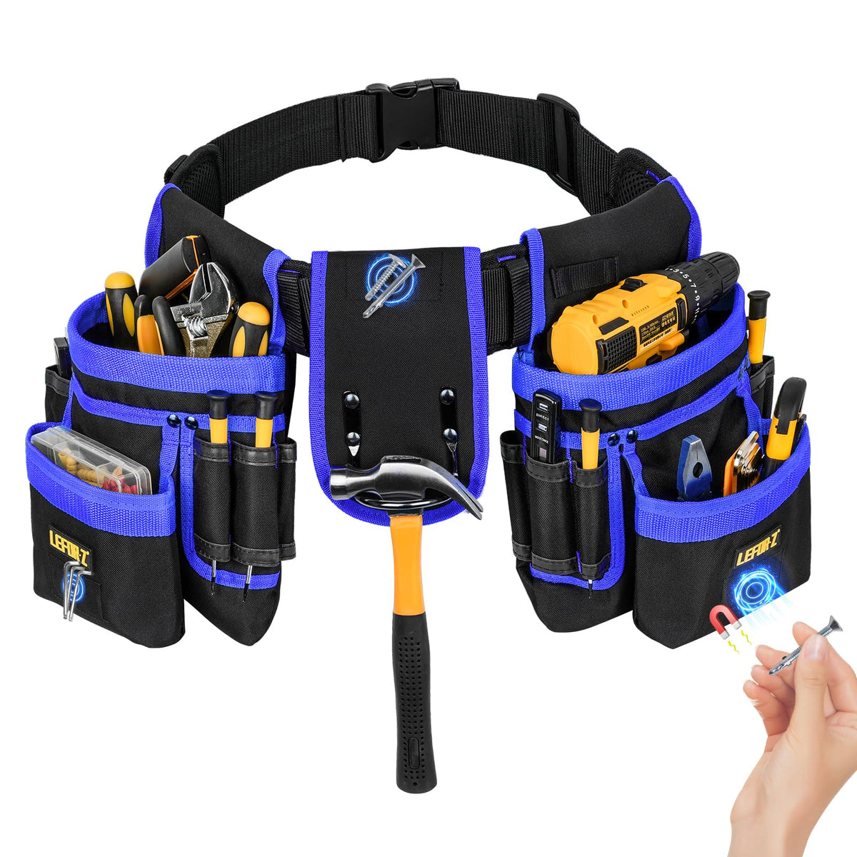 Tool Belt,Magnetic Tool Pouch,27-Pockets Heavy Duty Tool Belts for Men,Detachable Tool Pouch Bag for Electrician,Carpenter,Construction,Work Apron,Utility Belt,Valentines Day Gifts for Men,Black,Blue