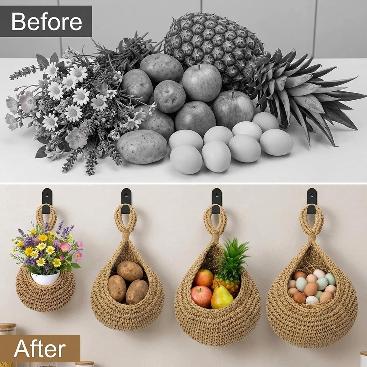 4 Pack Boho Decor Hanging Baskets for Kitchen, 4 Sizes Teardrop Wall Baskets with Hooks for Home Storage Fruit Vegetable
