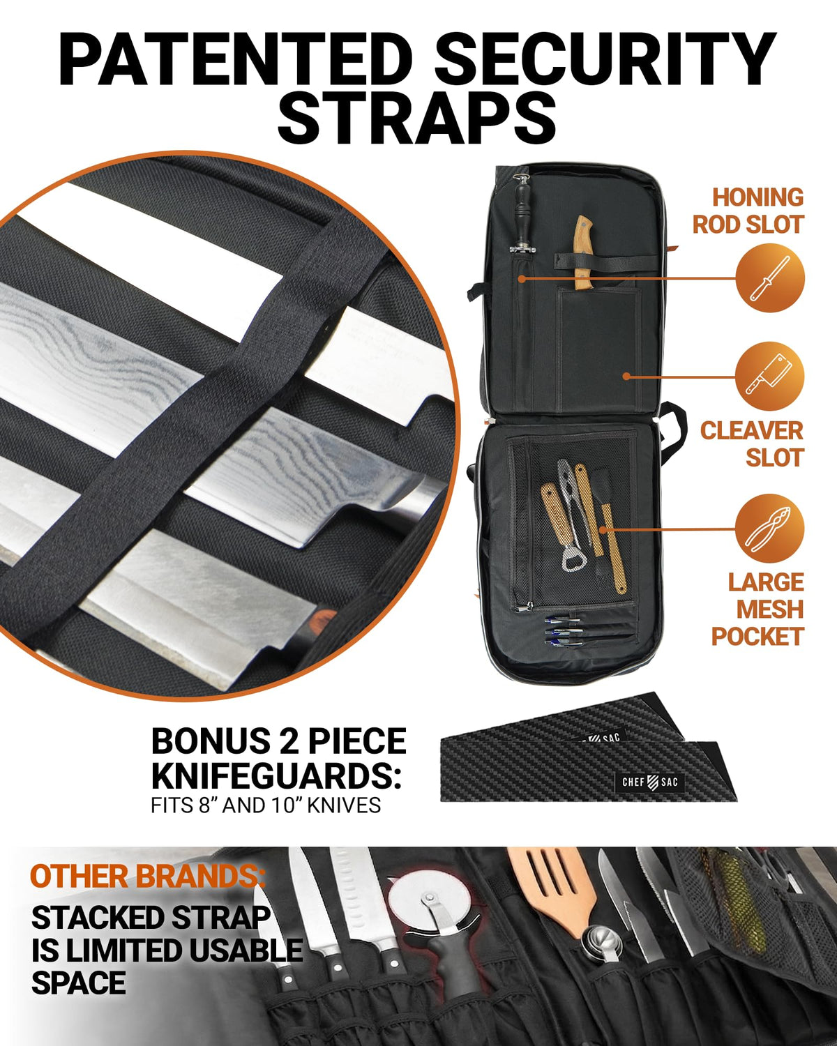 Chef Knife Bag Vintage Backpack VINTAGE, Professional Knife Carrying Case for Chefs & Culinary Students, 30+ Pockets, Holds 10" Knives, Water-Resistant 600D Material (Night Black)