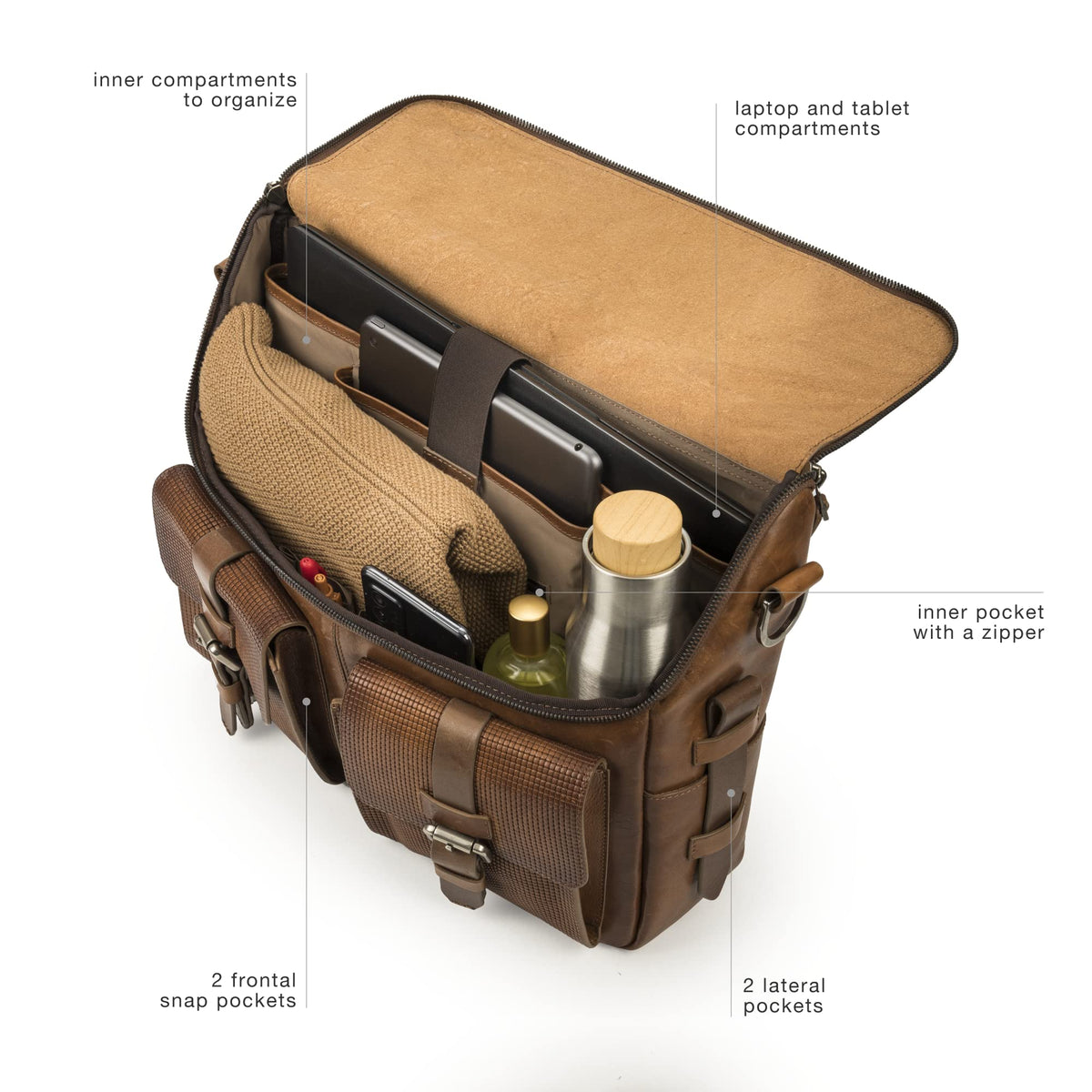 VELEZ Tan Full Grain Leather Messenger Bag for Men - 15" Laptop Briefcase - Mens Vintage Business Crossbody Computer Bags