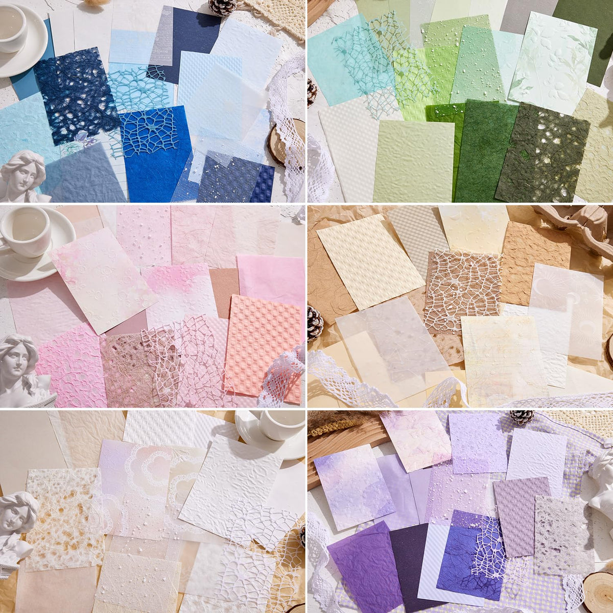 108 Sheets Textured Scrapbook Paper and Mesh Fabric Assorted Set - 6 Pack Mixed Special Paper for Scrapbooking Planner Bullet Junk Journal Supplies Mixed Collage Background 3.9x5.5 Inch