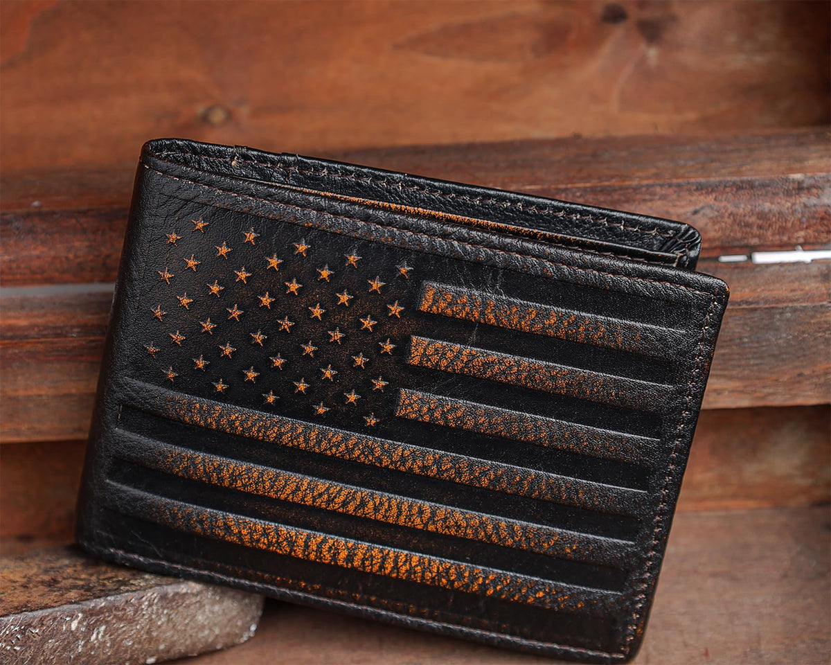DK86 Wallet for Men Slim Rfid Bifold Genuine Leather 2 ID Window With Gift Box (black brown with US flag)