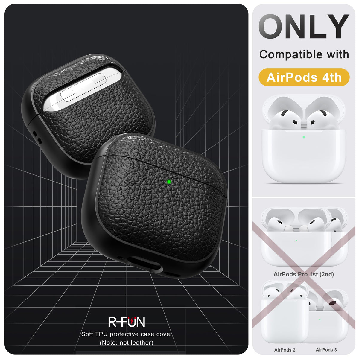 R-fun for Airpods 4 Case, Soft TPU (Leather-Like Design) Drop Protection Cover for Men and Women with Lanyard and Cleaner Kit, Compatible with Apple Latest Airpods 4th Gen(USB-C)(2024)-Black
