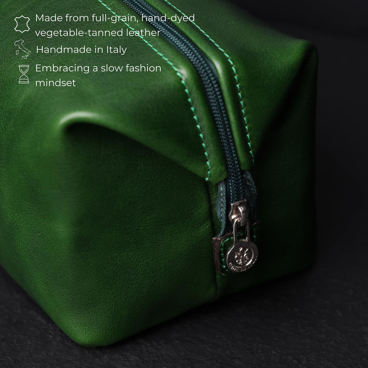 Time Resistance Leather Toiletry Bag - Italian Cosmetic Case Dopp Kit (Green)