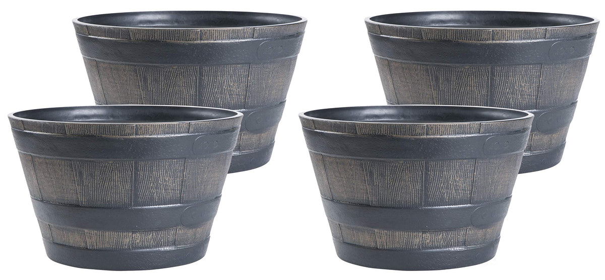 Gardenised Rustic Wood- Look Plastic Half Barrel Flower Pot Bucket Planter, Pack of 4