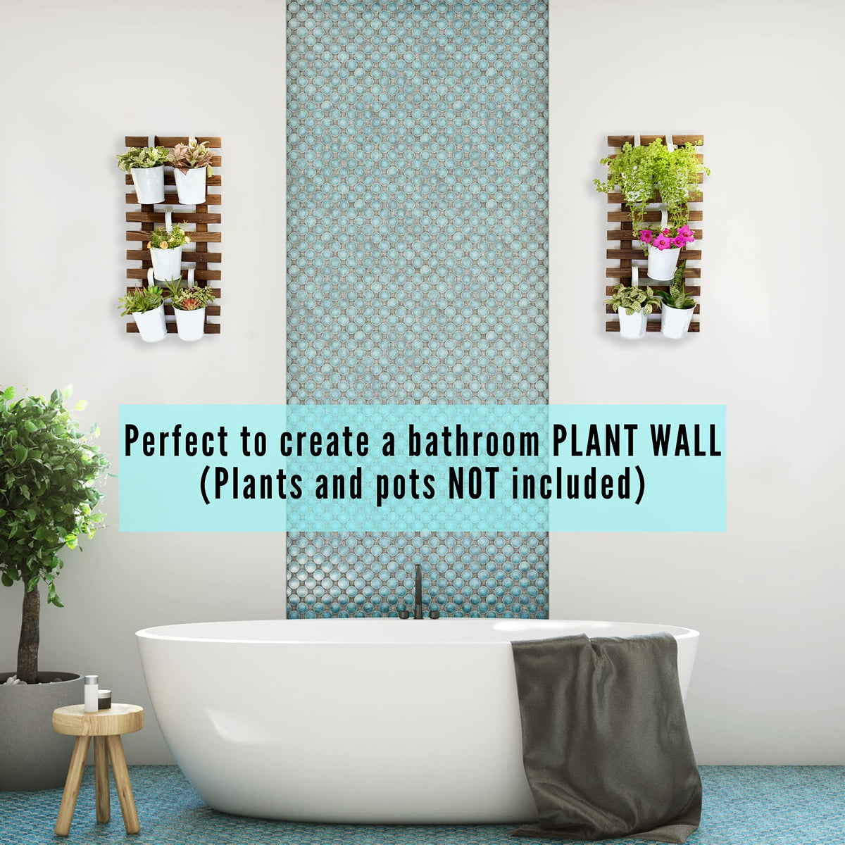 LalaGreen Bundle - 4" Pot + 2 Wooden Plant Holder, Black Self Watering Pot, Wall Hanging Planters for Indoor Plants Ladder, Wall Hanging Pots, Outdoor Vertical Garden Unique Live Orchid Planter Holder