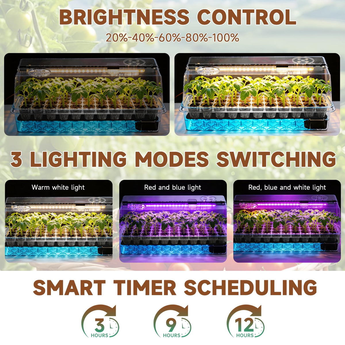 Eyriolya Seed Starter Tray Self Watering, Seed Starter Kit with Grow Light, Full Spectrum Grow Light for Seedling with Timer, Indoor Plant Grow Tray for Beginners & Seasoned Gardeners (144 Cells)