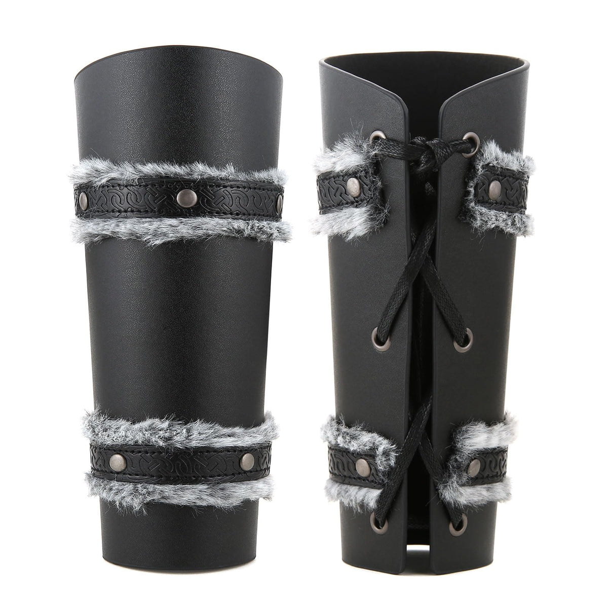 HZMAN Medieval Gauntlet Wristband Fur Leather Bracers for Men Cuff Armor Leather Viking Wrist Arm Guards for LARP Costume Bracer (Black)
