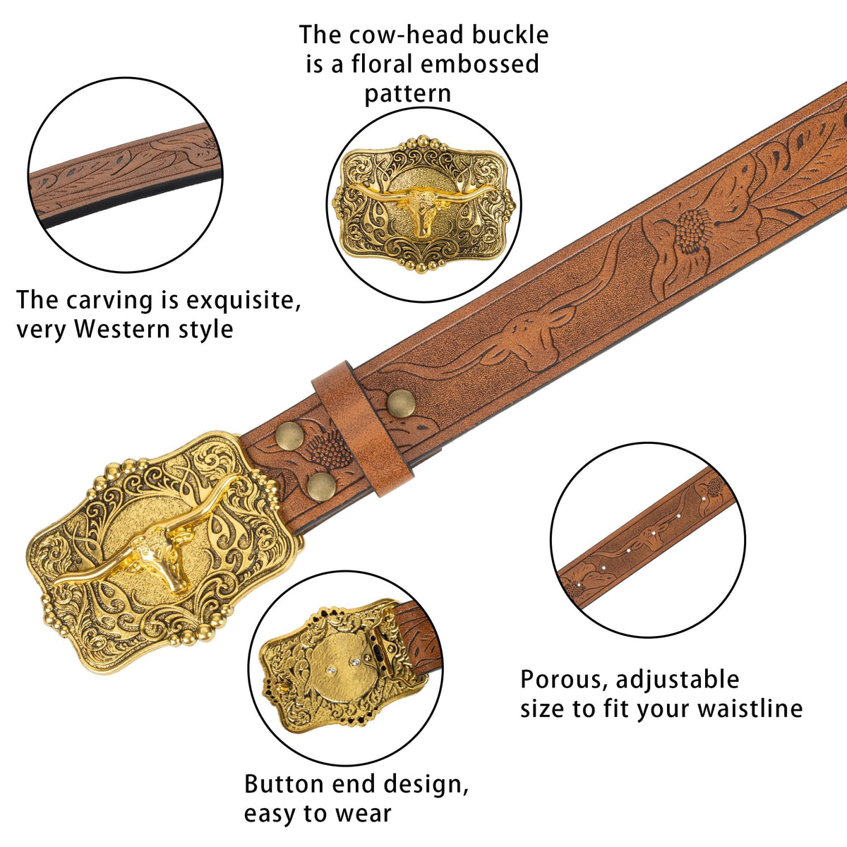 Voenkca Western Cowboy-Cowgirl Leather-Belts for Men - with Longhorn-Bull