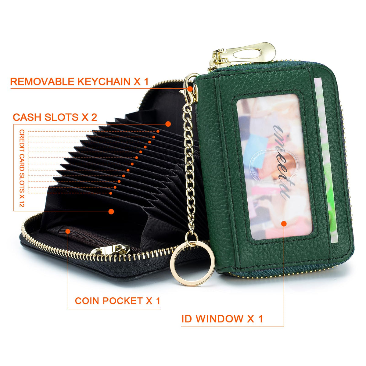 imeetu RFID Credit Card Holder, Small Leather Zipper Card Case Wallet with Keychain and ID Window for Women (Pro,Olive Green)