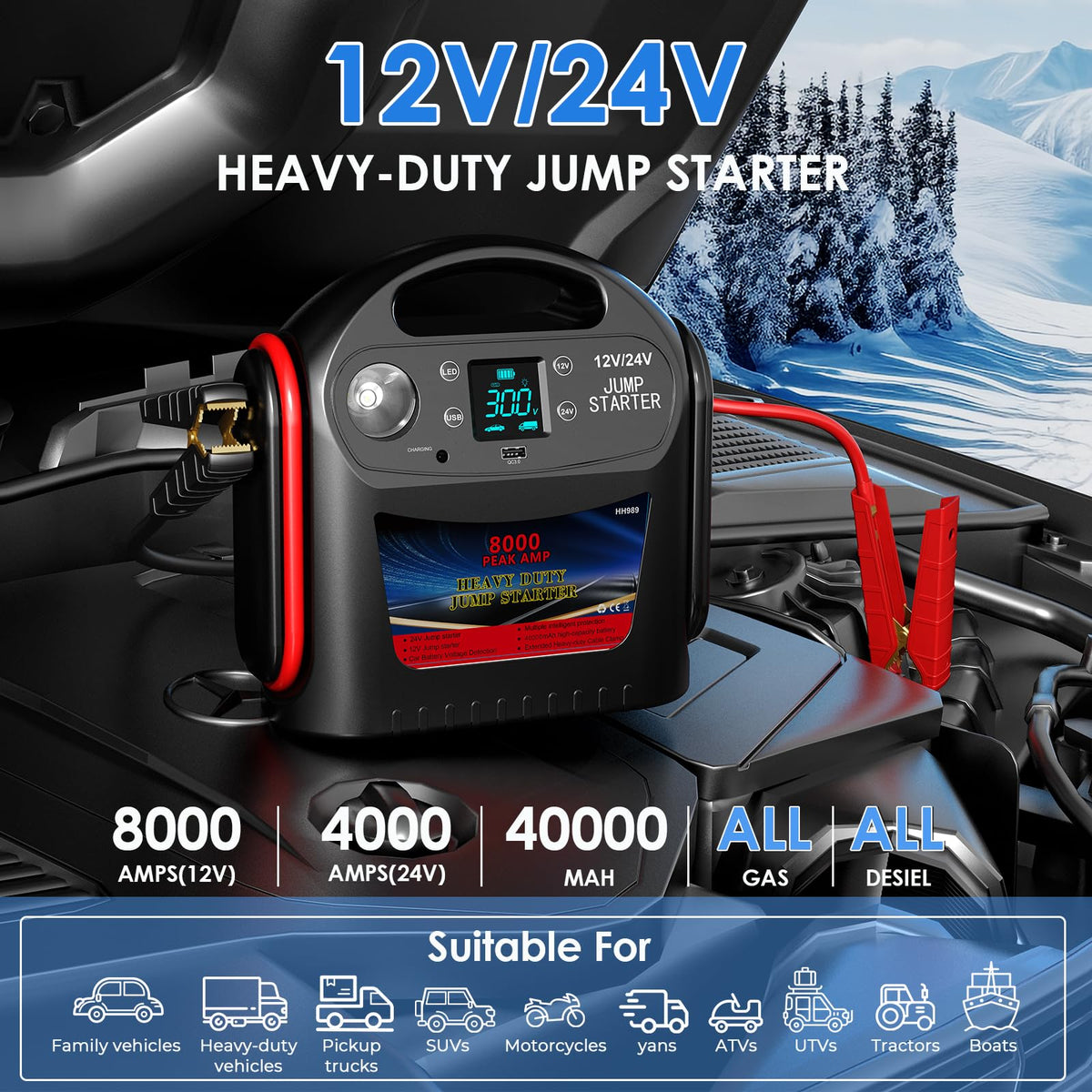 8000A 12V/24V Jump Starter for Large Gas & Diesel Engines, Heavy-Duty Portable Battery Booster Pack for Trucks, RVs & Commercial Vehicles with Force Start, Digital Display, LED Light & USB Charging