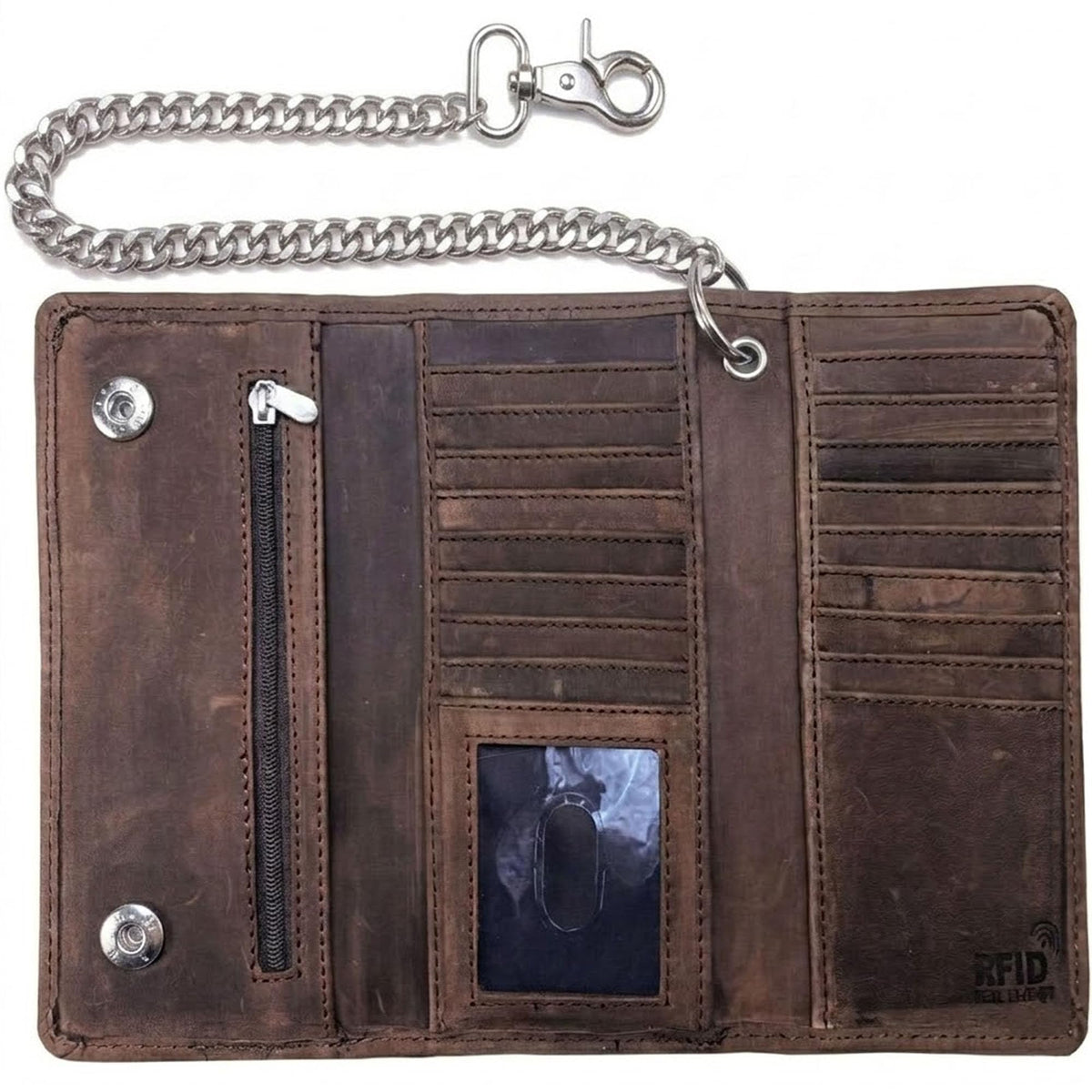 Motorcycle Chain Wallet for Men – Premium Cowhide Leather, RFID Tri-Fold Biker Wallet with Heavy Duty Chain for Bikers Truckers & Hunters, Credit Card Money Organizer Long Wallet Crazy Horse Brown